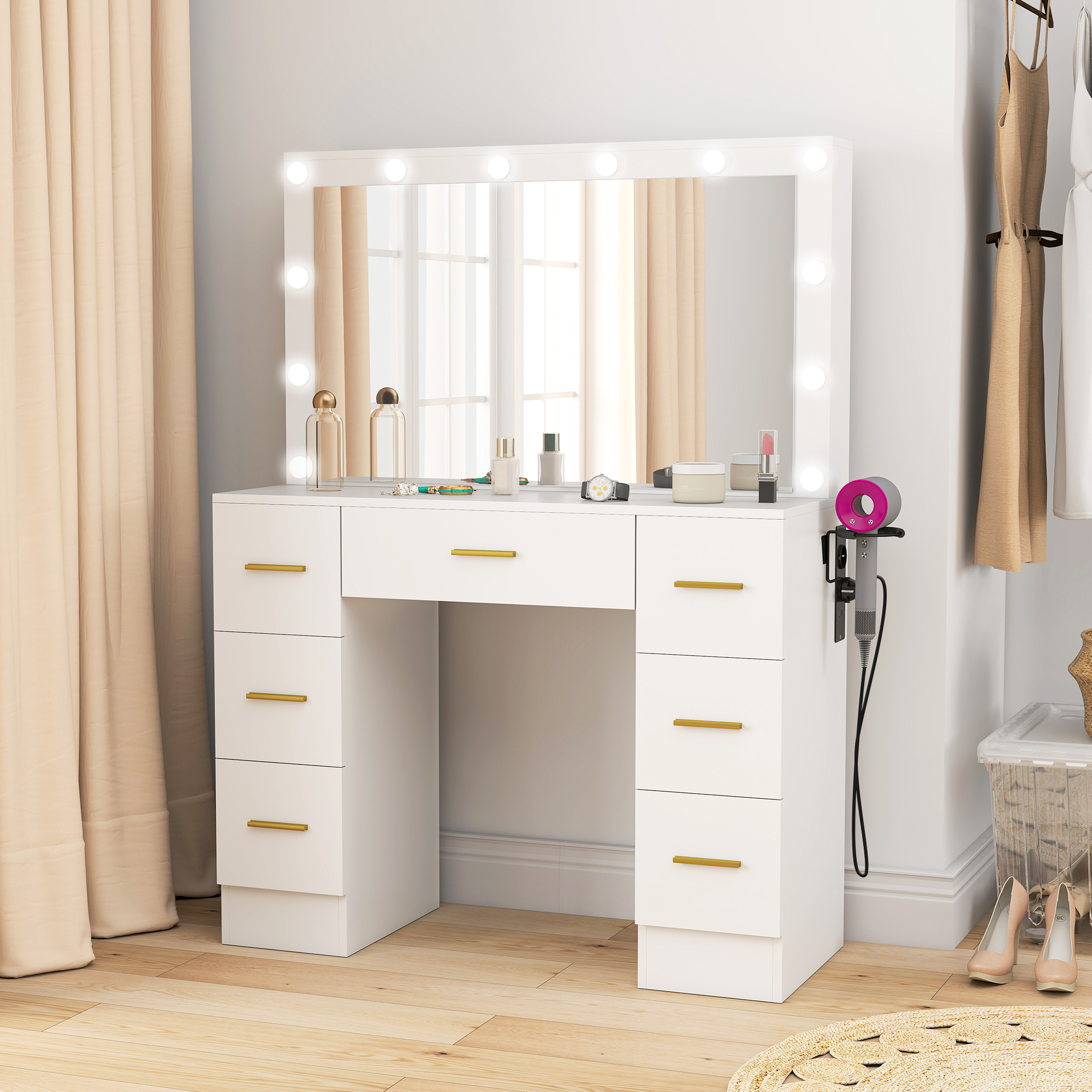 HOMCOM Schminktisch mit Spiegel und 12 LED-Lichtern, Frisiertisch mit 7 Schubladen, 6 versteckte Staufächer, Spanplatte, Weiß