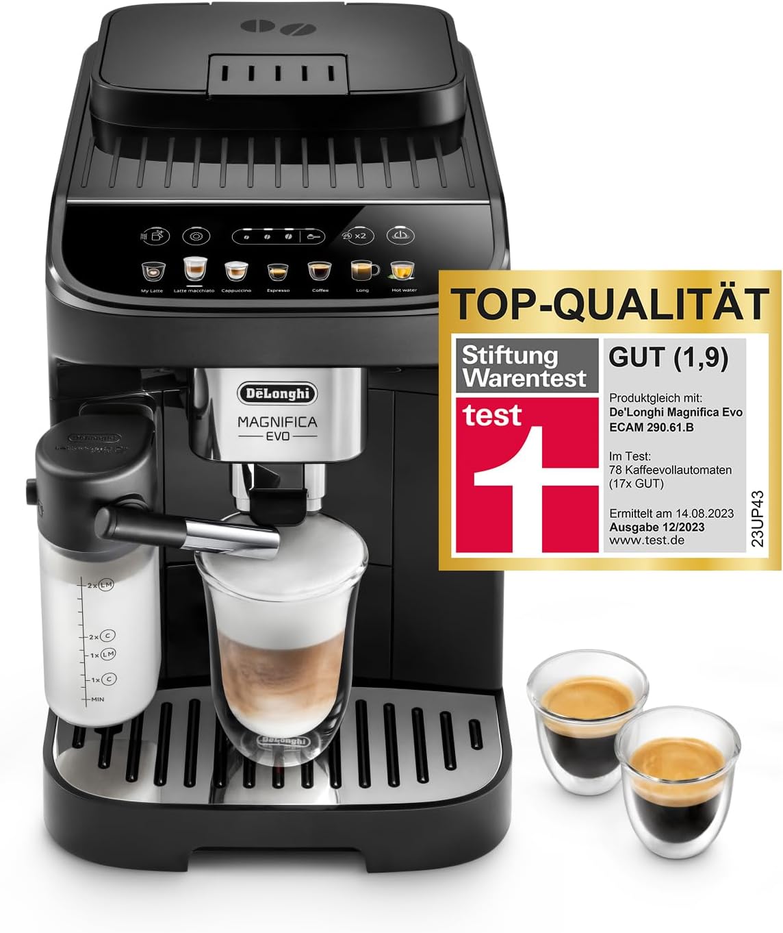 De'Longhi Magnifica Evo ECAM 292.81.B Kaffeevollautomat mit LatteCrema Milchsystem, 7 Direktwahltasten für Cappuccino, Espresso und weitere Kaffeespezialitäten, 2-Tassen-Funktion, Schwarz