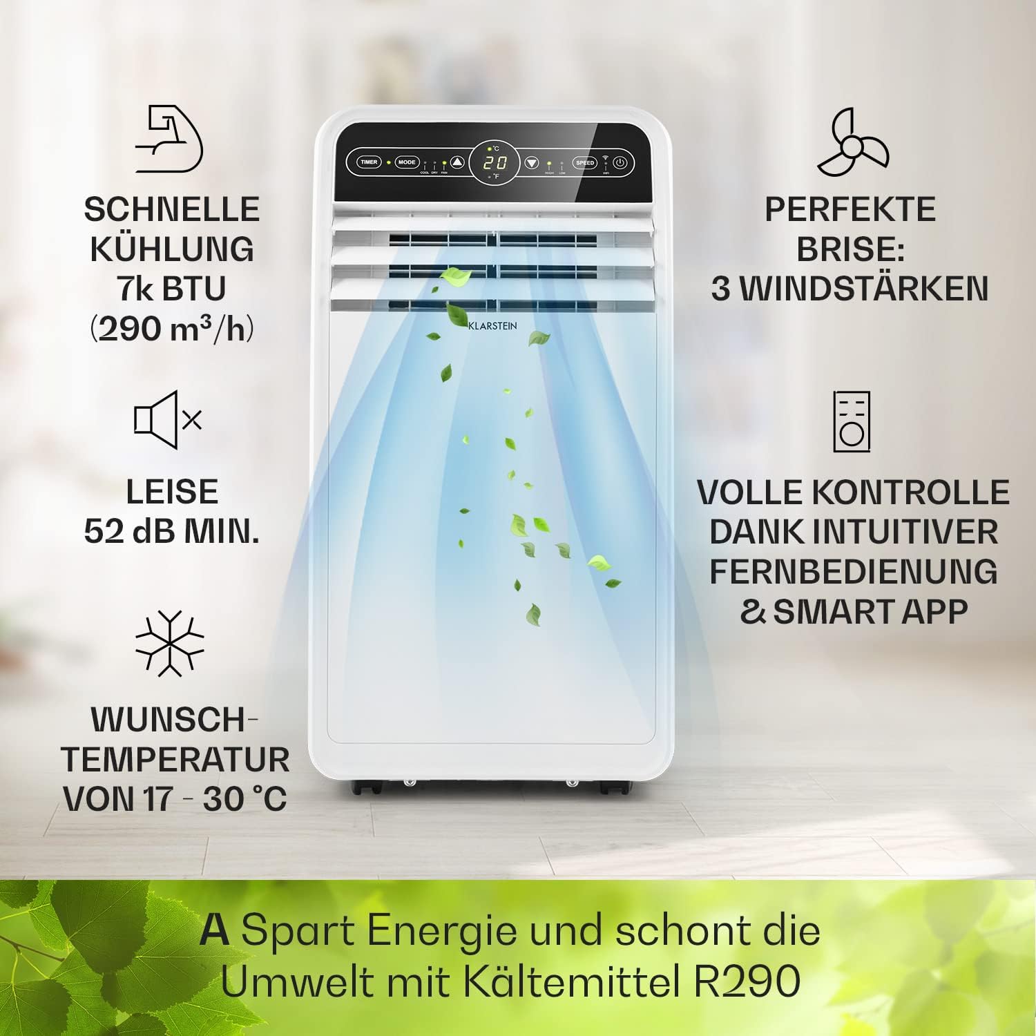 Klarstein Mobile Klimaanlage mit Abluftschlauch, 4-in-1 Klimagerät mit Ventilator, Luftentfeuchter & Nachtmodus, Kleine & Portable Klimaanlage für Wohnung & Büro, Niedriger Verbrauch, 9000 BTU