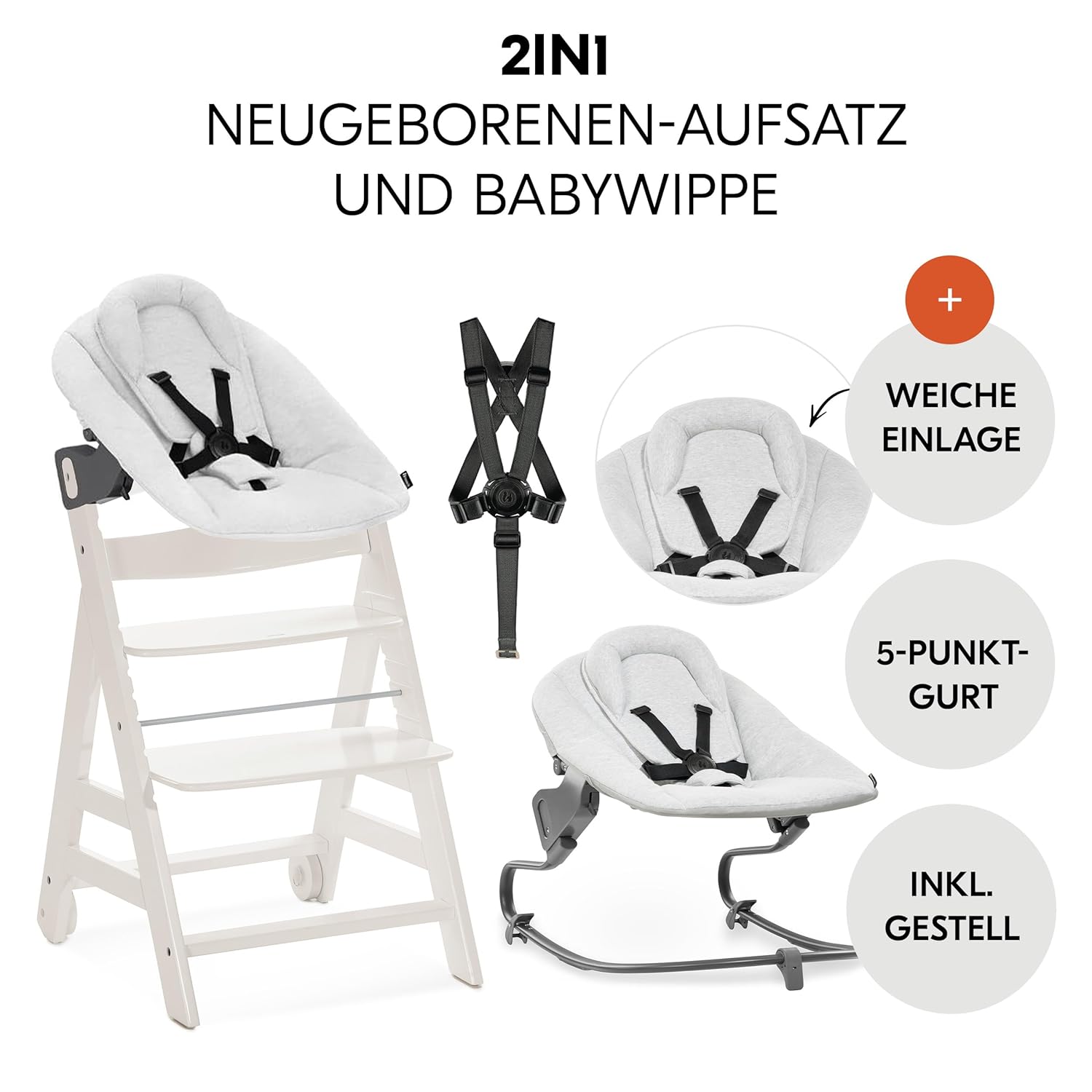 hauck Hochstuhl Beta+ Newborn Set Premium Dark Grey - Babyhochstuhl Set ab Geburt mit Neugeborenen Aufsatz Bouncer, Sitzpolster und Essbrett - Dark Grey
