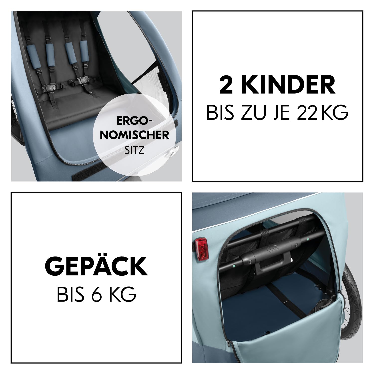 hauck Fahrradanhänger & Kinderwagen Dryk Duo Plus mit Federung, für 2 Kinder (6-48 Monate), inkl. Deichsel, Buggyrad, Fahne und LED Licht, Faltbar, Höhenverstellbar, XL Kofferaum (Dark Green)
