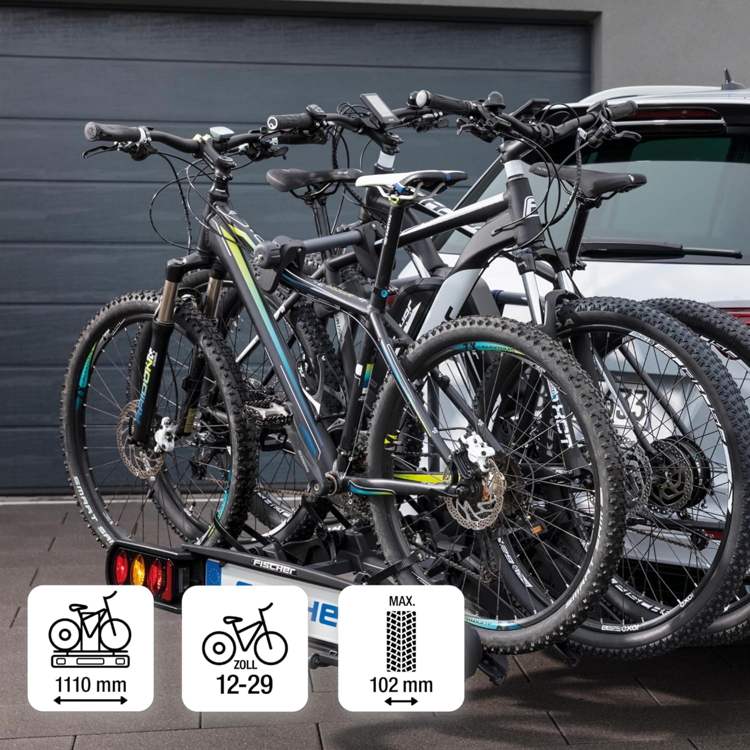 Fischer Kupplungs-Fahrradträger ProlineEvo 2, für 2 Fahrräder bis 60kg Nutzlast, E-Bike geeignet, vormontiert, abschließbar, faltbar