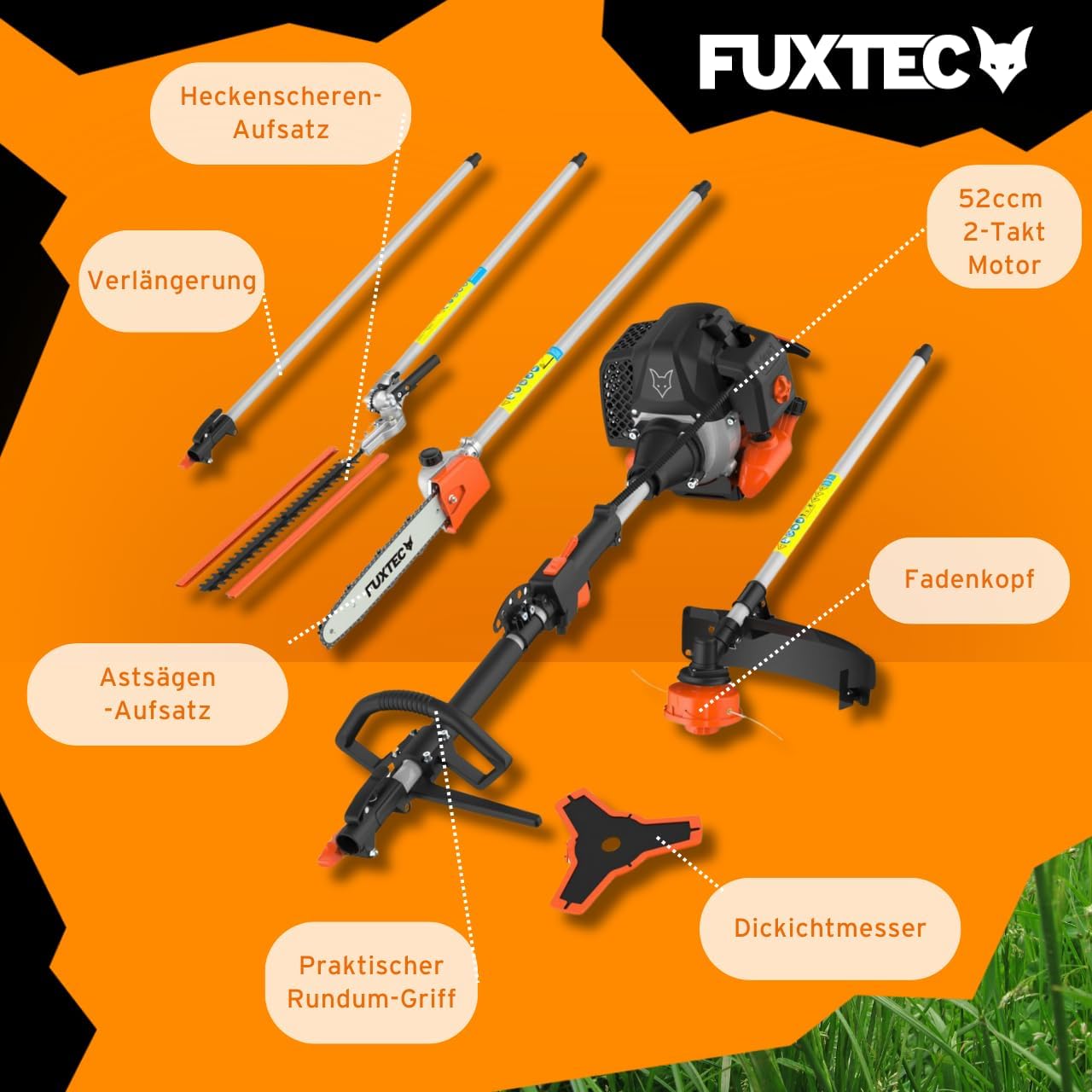 FUXTEC Benzin Motorsense FX-MT152E 5in1 Multitool, 52 cc, Profi-Tragegurt und inkl. 1m Verlängerung 3 PS Kombigerät Heckenschere Hochentaster Kombisystem Freischneider fs 2-Takt Test Oberklasse 1,4