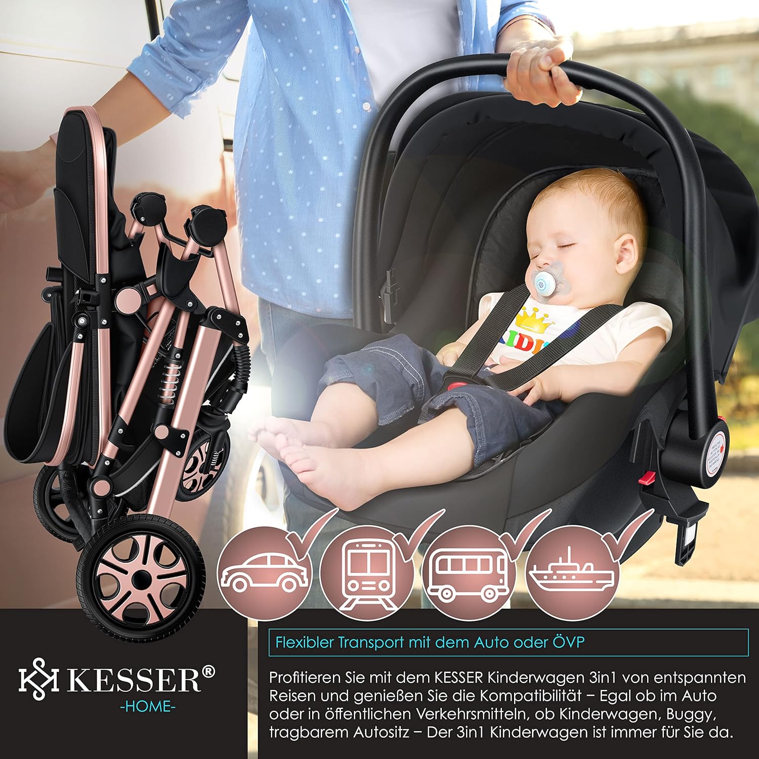 KESSER Loops 3 in 1 Kinderwagen Kombikinderwagen Komplett-Set inkl. Babywanne & Buggy Sportsitz & Auto-Babyschale Voll-Gummireifen Wickeltasche Regenschutz Kindertisch ECE R129, Schwarz/Champagne