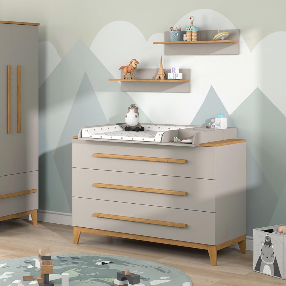 VitaliSpa Wickelkommode Malia, Weiß/Eiche, 133 x 98 cm XL mit 3 Schubladen