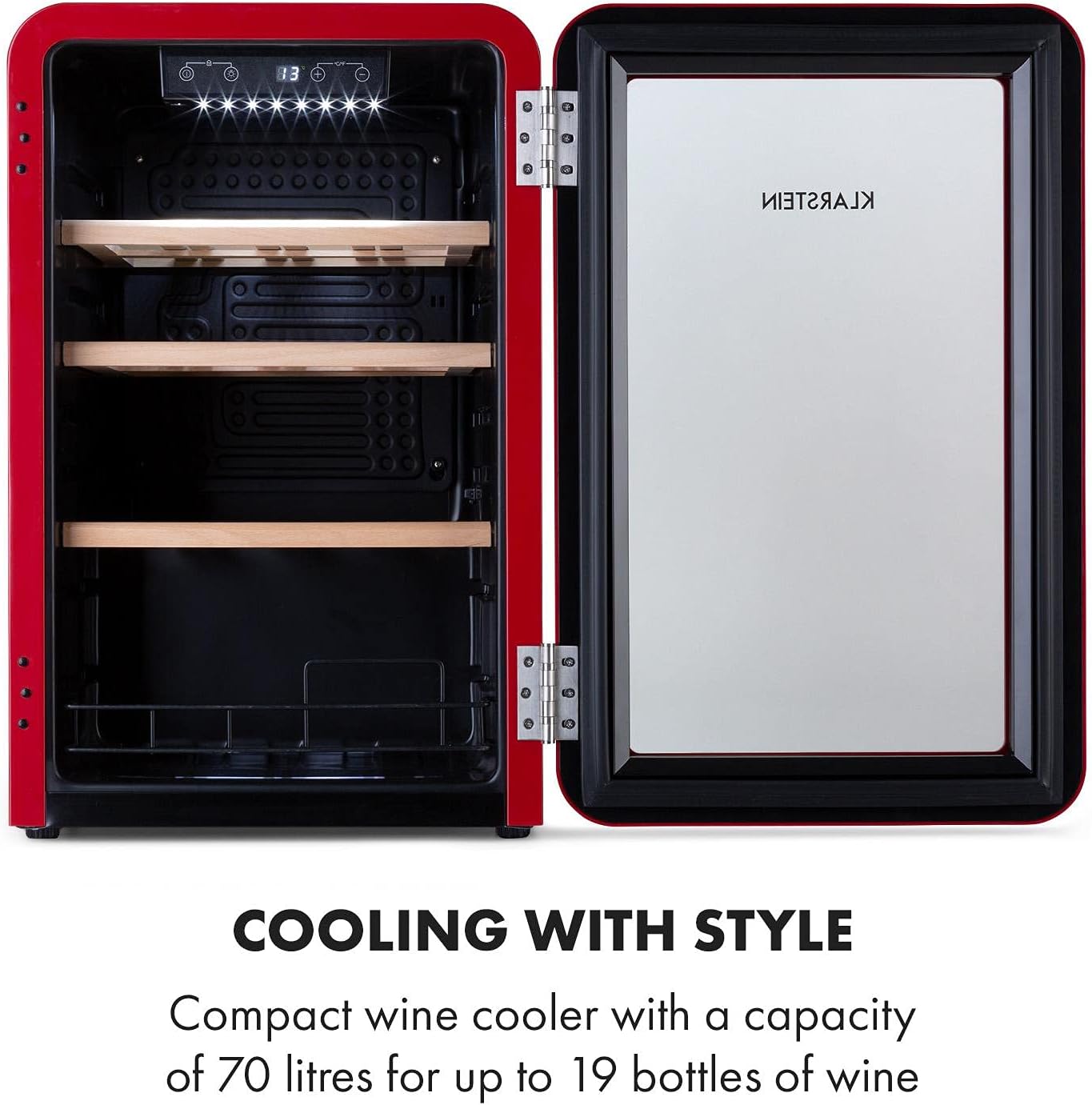 Klarstein Weinkühlschrank, Getränkekühlschrank Schmal, Kühlschrank mit Glastür, Getränkekühlschränke Freistehend, Weinkühlschrank Klein, Weinkühlschränke 1 Zone, UV-Schutz, 4-22 °C, 19 Flaschen