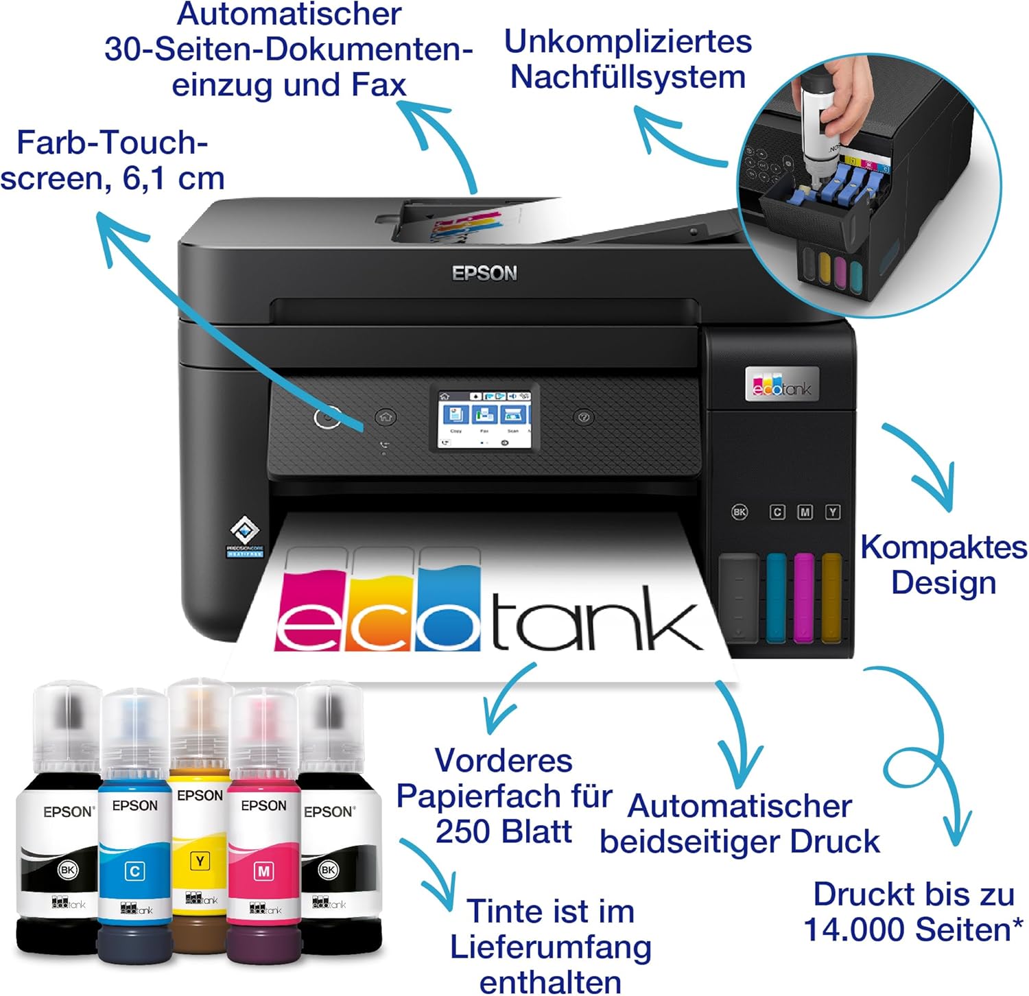 Epson EcoTank ET-4800 A4-Multifunktions-Wi-Fi-Tintentankdrucker, mit einem im Lieferumfang enthaltenen Vorrat an Tinten bis zu 3 Jahren