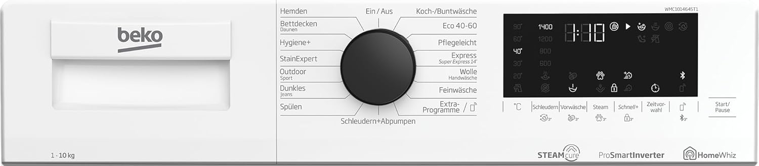 Beko WMC91464ST1 b300 Waschvollautomat, Waschmaschine, 9 kg, Bluetooth, ProSmart Inverter Motor, Dampffunktion, Pet Hair Removal, Watersafe+, Weiß