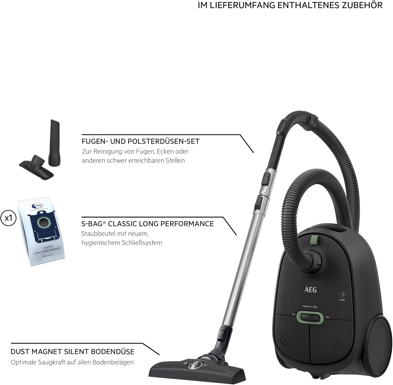 AEG CLEAN 6000 AB61C2DB Staubsauger mit Beutel / hohe Saugleistung / inkl. Polsterdüse / 50 % Recyclingkunststoff / ideal für Haustierbesitzer / Reinigen von Polstern / 12 m Kabel / 750 W / Blau