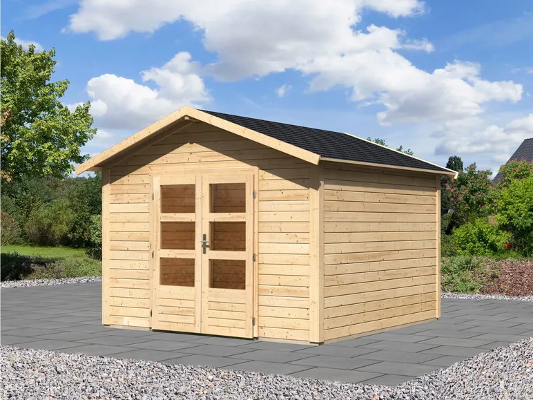 Karibu Gartenhaus »Carlos«, Satteldach, Witterungsschutz, Tür mit 3 Lichtausschnitten