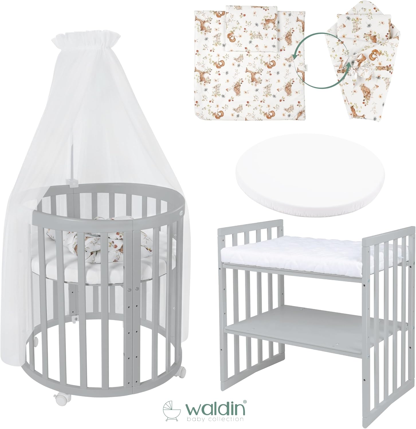 Waldin Oval Baby-Bett Mitwachsend Komplett Set 7in1, Gitterbett, Kinderbett mit Matratze, Wickelkommode, Beistellbett, Holz Weiß