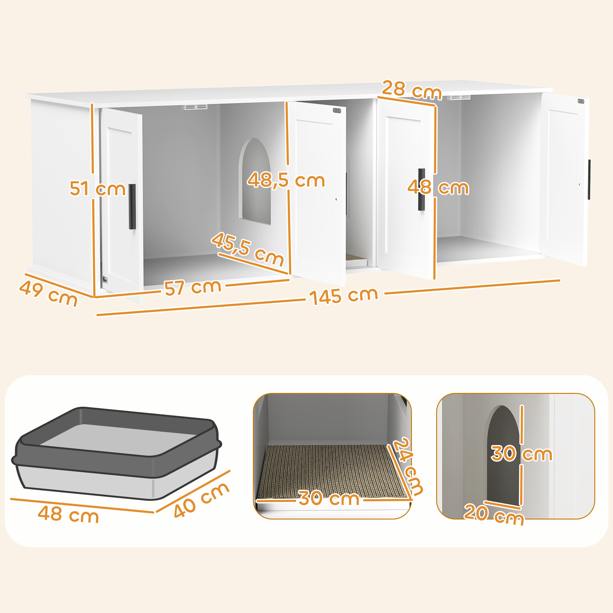 PawHut Katzenklo-Schrank Katzenhaus mit Tür Trennwand Katzentoilette für große Katzen 145 x 49 x 51 cm Weiß