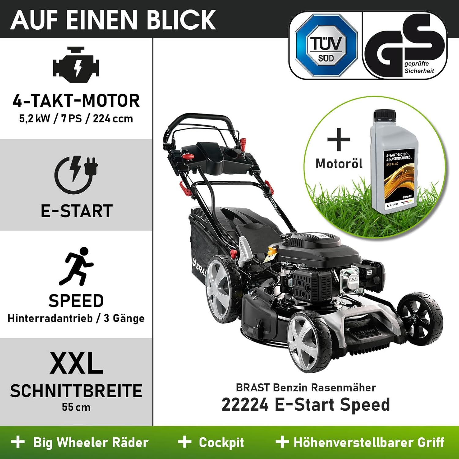 BRAST® Benzin Rasenmäher mit Antrieb | 5,2kW (7PS) | 55cm Schnittbreite | viele Modelle | TÜV | 30-80mm Schnitthöhe | 60L Fangkorb | 4 Takt OHV Motor | Stahlgehäuse | Power
