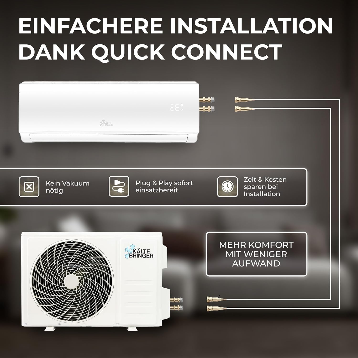 Kältebringer Split Klimaanlage Quick Connect - 12000 BTU (3,4 kW) Klimagerät mit Heizfunktion, WiFi & App, bis 91qm, sehr leise - 5m Kupferleitung, Kältemittel R32, Montagematerial, Wandhalterung