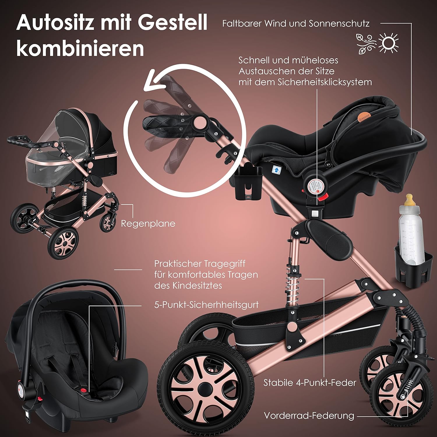 KESSER Loops 3 in 1 Kinderwagen Kombikinderwagen Komplett-Set inkl. Babywanne & Buggy Sportsitz & Auto-Babyschale Voll-Gummireifen Wickeltasche Regenschutz Kindertisch ECE R129, Schwarz/Champagne