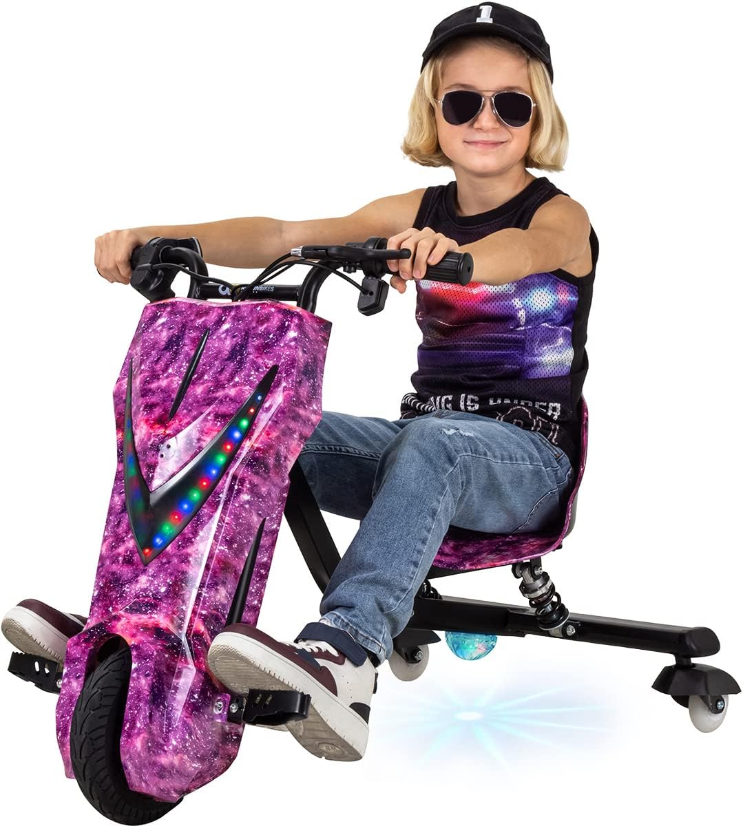 Actionbikes Motors Kinder Elektro Driftscooter | 𝟐𝟓𝟎 Watt Motor - Drift Cart 360°- 3 Geschwindigkeitsstufen - LED-Beleuchtung - Sitz verstellbar - Bluetooth - Drift Kart - Drift Auto (Space Purple)