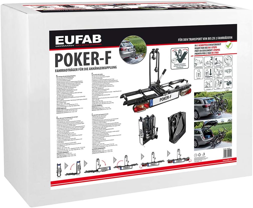 EUFAB 12010LAS Fahrradträger POKER-F, E-Bike geeignet, komplett vormontiert, Diebstahlschutz, für 2 Fahrräder, für Anhängerkupplung, Schwarz, 142 x 70 x 58 cm