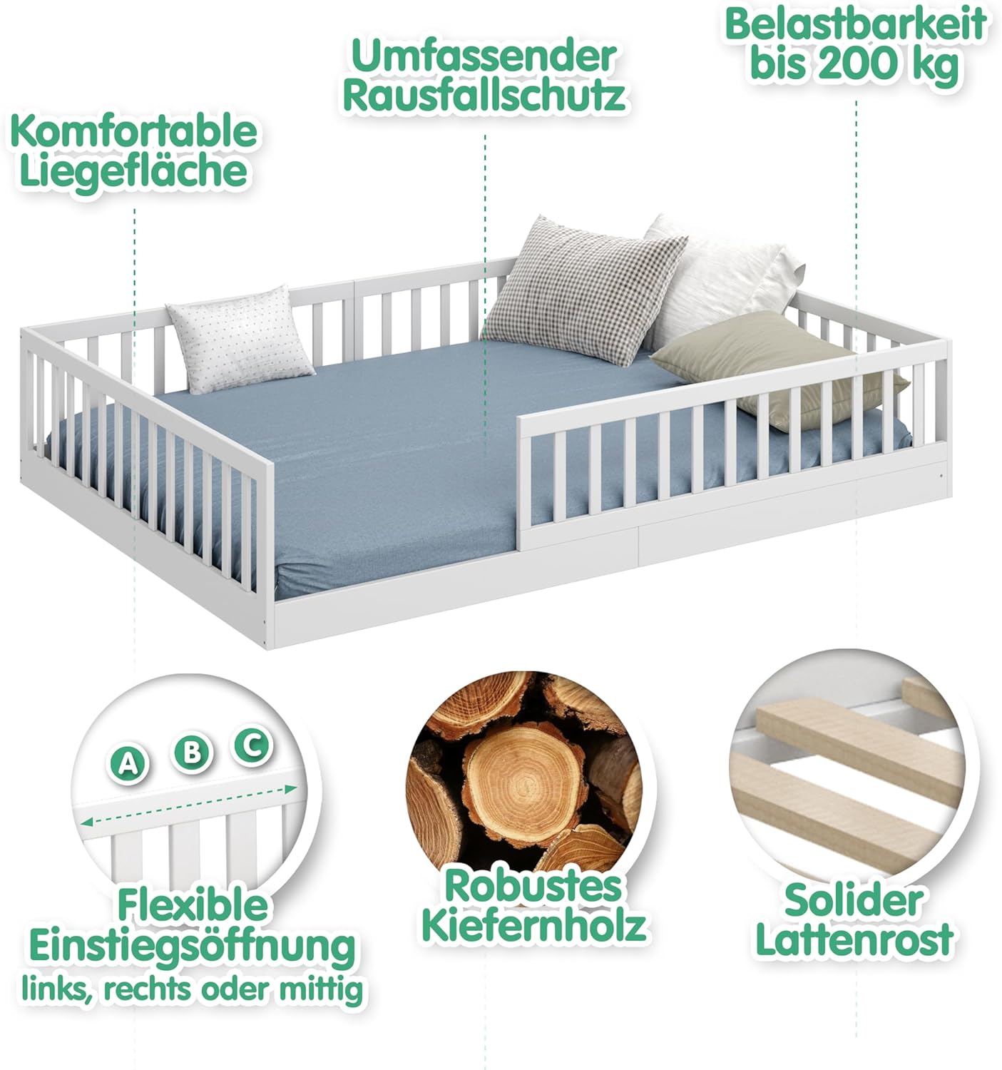 CADANI Timi 2in1 Bodenbett 140x200 cm Montessori Kinderbett mit abnehmbaren Rausfallschutz inkl. Lattenrost, Kiefer Massivholz, weiß - 3 Aufbauvarianten, bis 200 kg belastbar, umbaubar