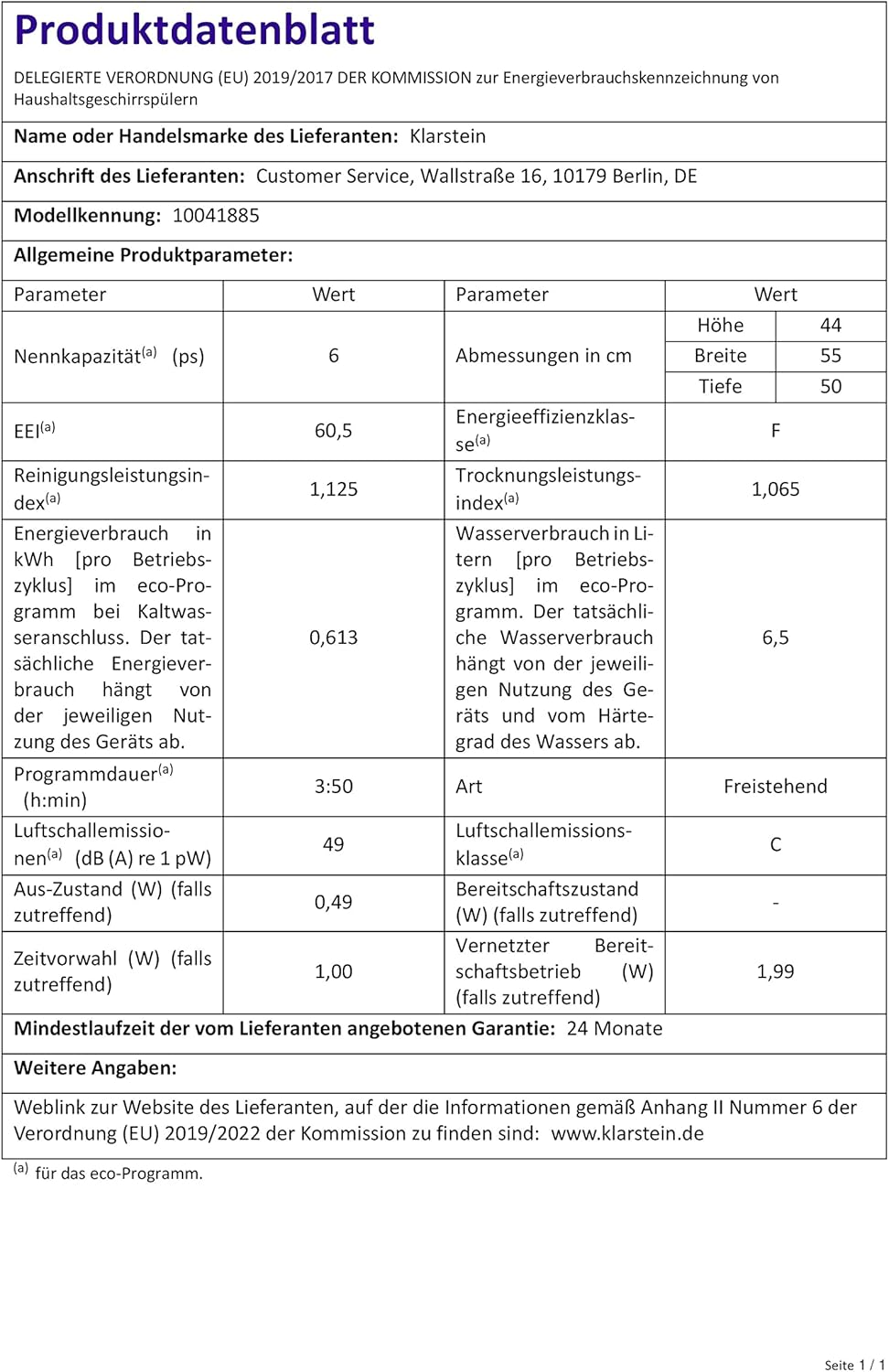 Klarstein ia 8 - Spülmaschine, Geschirrspüler, Freistehend, Teilintegriert, F, 55 cm breit, 8 Maßgedecke, 6 Programme, Aquastop, silber