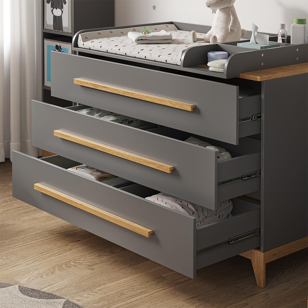 VitaliSpa Wickelkommode Malia, Weiß/Eiche, 133 x 98 cm XL mit 3 Schubladen