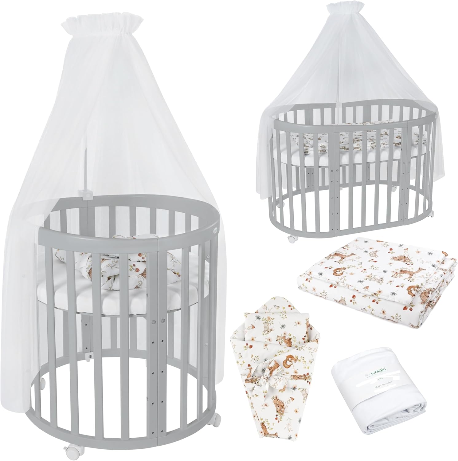 Waldin Oval Baby-Bett Mitwachsend Komplett Set 7in1, Gitterbett, Kinderbett mit Matratze, Wickelkommode, Beistellbett, Holz Weiß