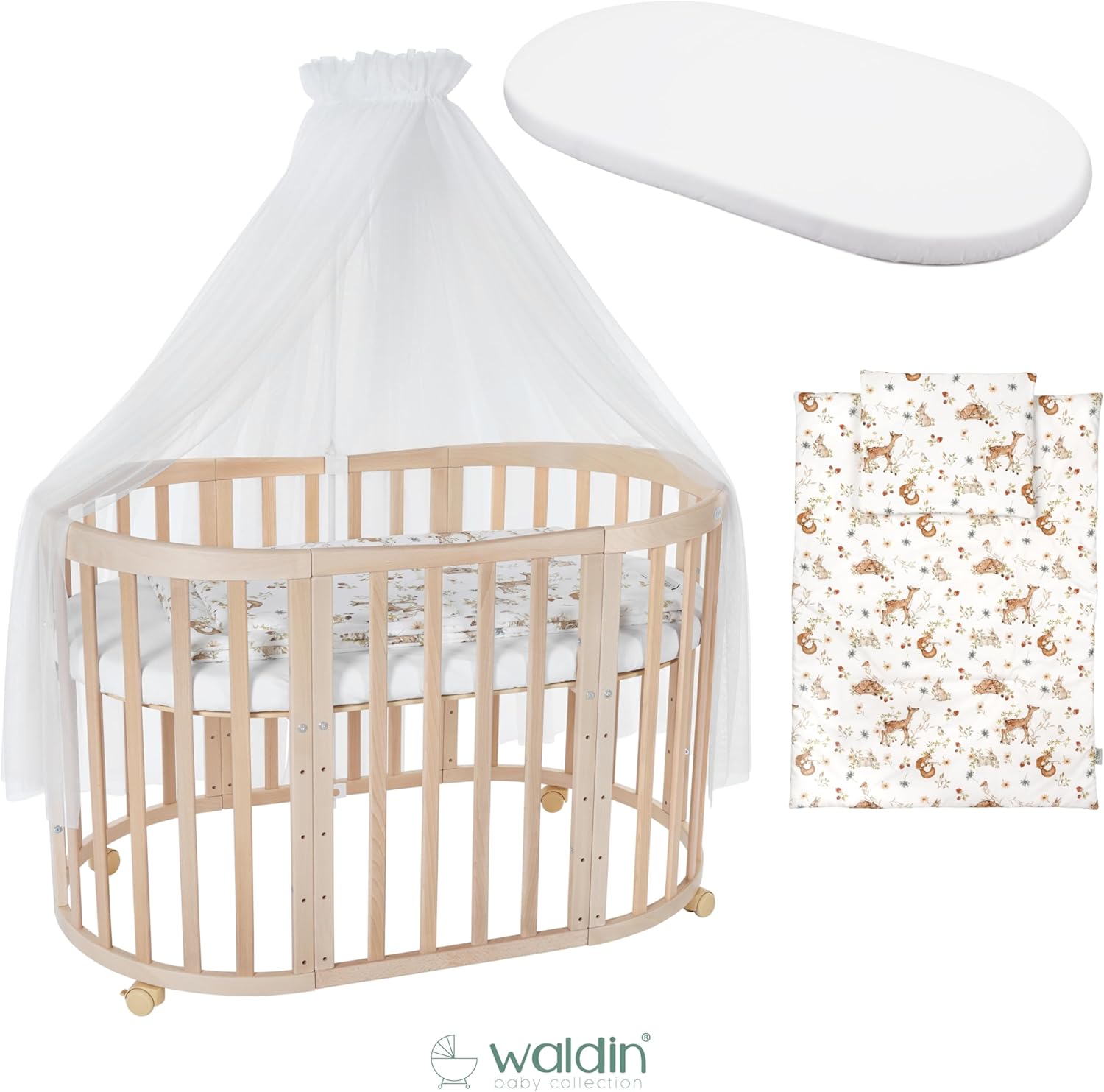 Waldin Oval Baby-Bett Mitwachsend Komplett Set 7in1, Gitterbett, Kinderbett mit Matratze, Wickelkommode, Beistellbett, Holz Weiß