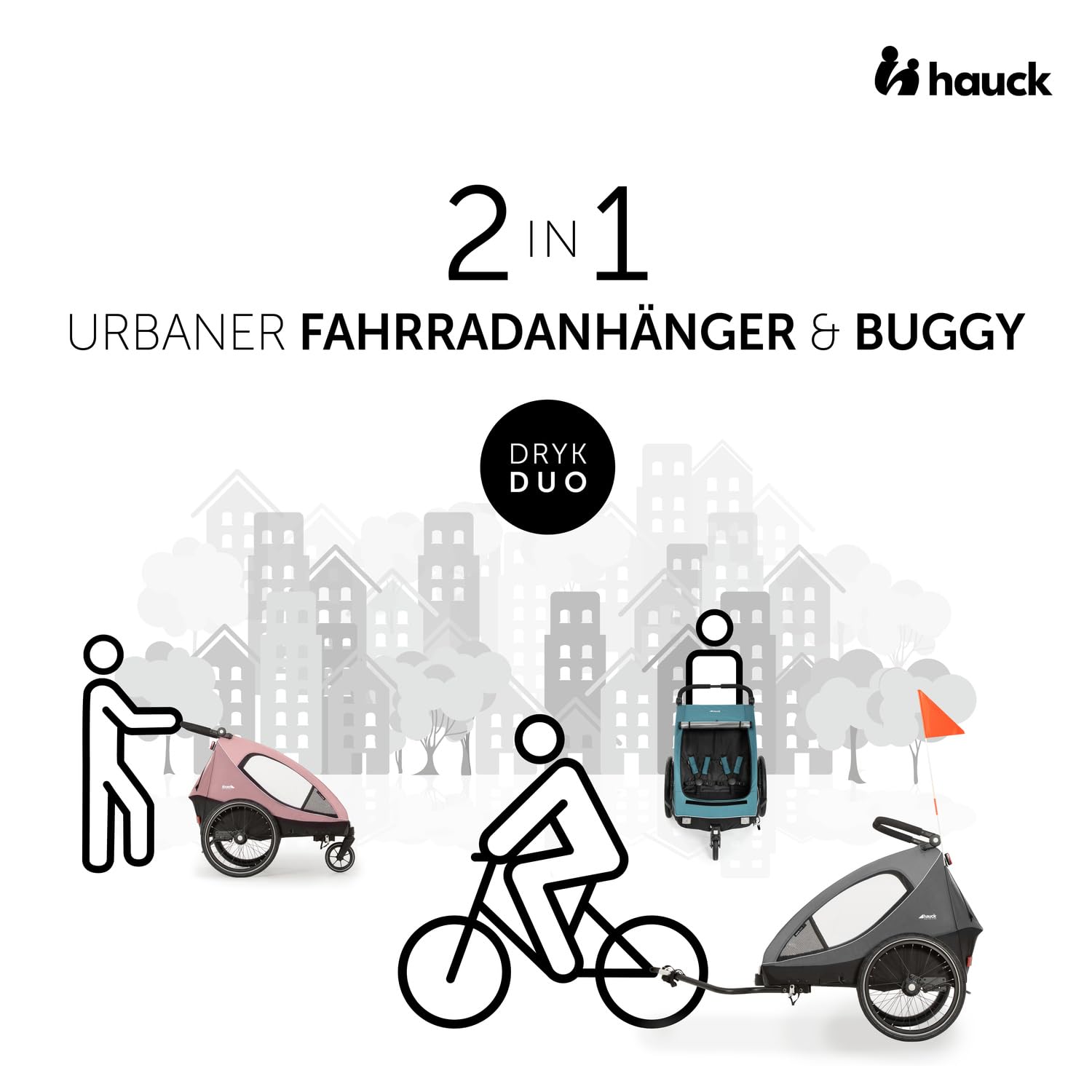 hauck Fahrradanhänger & Kinderwagen Dryk Duo Plus mit Federung, für 2 Kinder (6-48 Monate), inkl. Deichsel, Buggyrad, Fahne und LED Licht, Faltbar, Höhenverstellbar, XL Kofferaum (Dark Green)