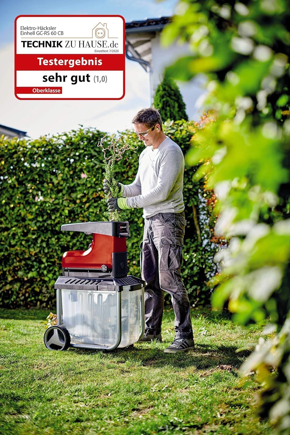 Einhell Elektro-Leisehäcksler GC-RS 60 CB (2800 W, max. 45 mm Aststärke, Schneidwalze, große Trichteröffnung, Drehrichtungsumschalter, transparente 60 L Fangbox, integrierter Sicherheitsschalter)