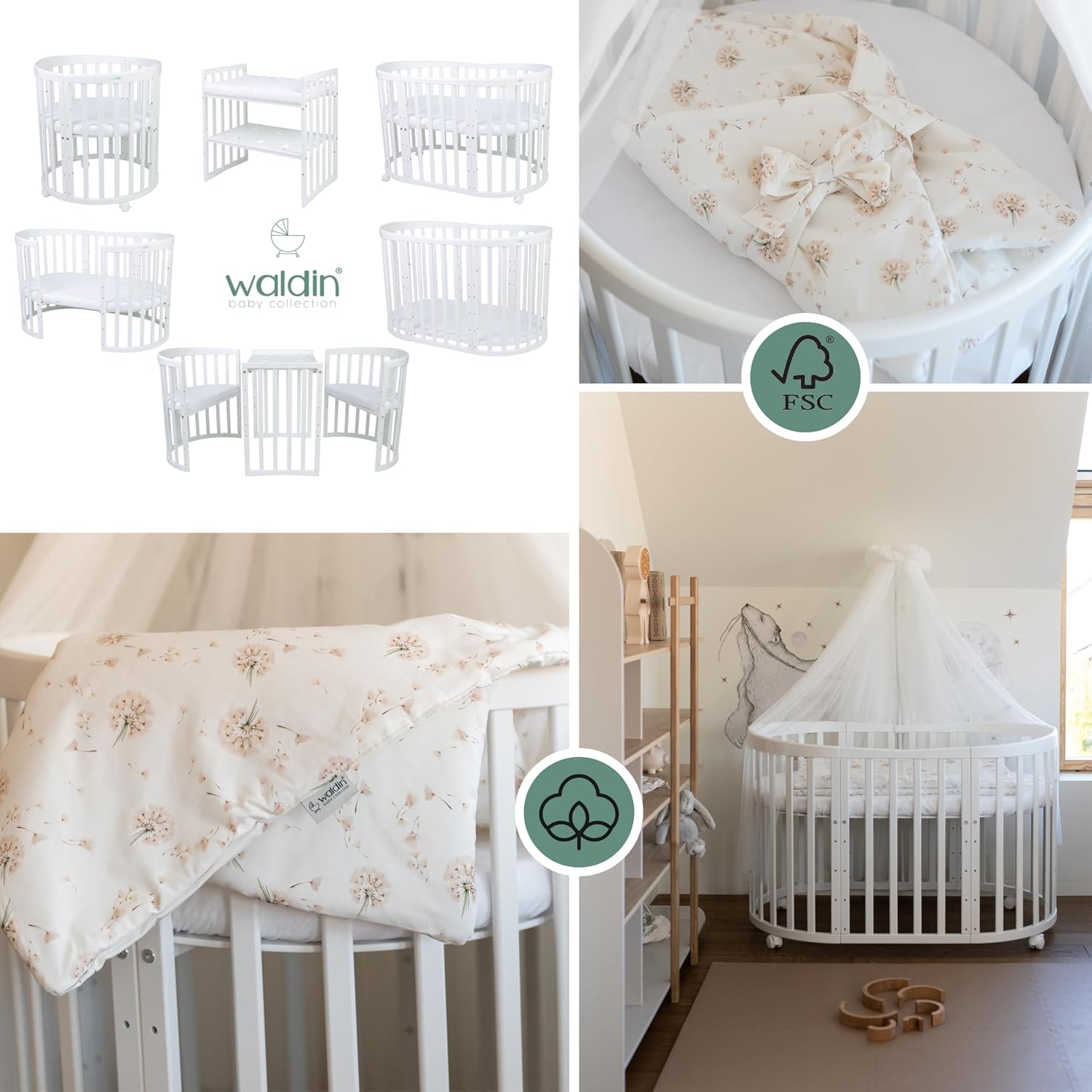 Waldin Oval Baby-Bett Mitwachsend Komplett Set 7in1, Gitterbett, Kinderbett mit Matratze, Wickelkommode, Beistellbett, Holz Weiß