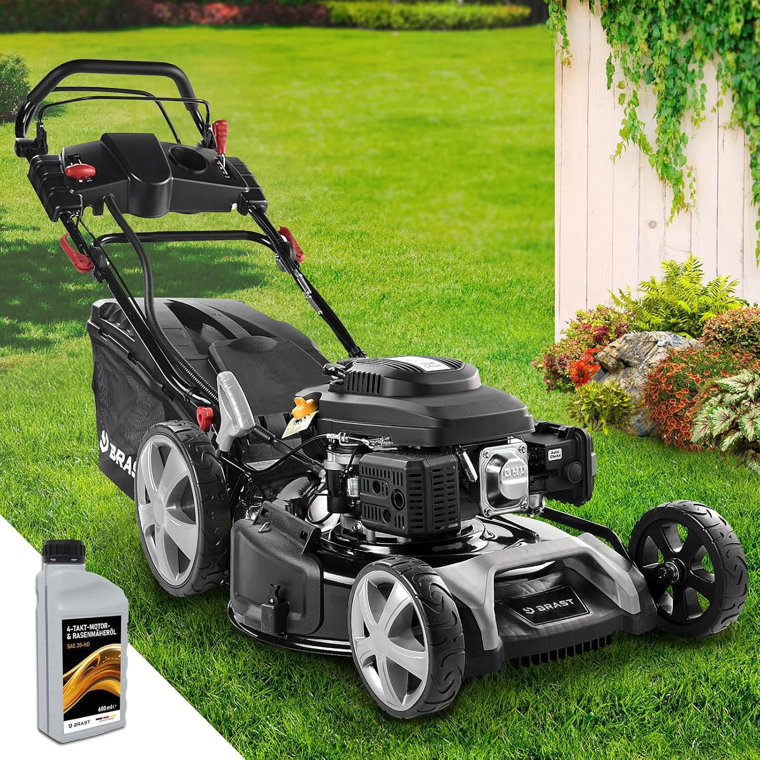 BRAST Benzin Rasenmäher mit Antrieb | 5,2kW (7PS) | 55cm Schnittbreite | viele Modelle | TÜV | 30-80mm Schnitthöhe | 60L Fangkorb | 4 Takt OHV Motor | Stahlgehäuse | Power