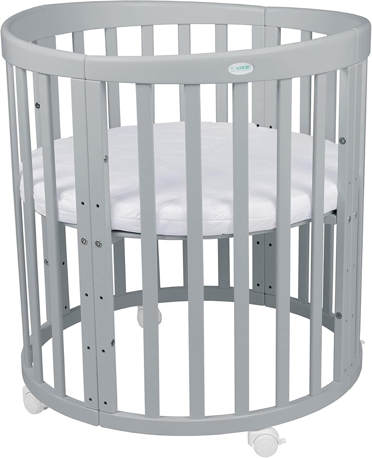 Waldin Oval Baby-Bett Mitwachsend Komplett Set 7in1, Gitterbett, Kinderbett mit Matratze, Wickelkommode, Beistellbett, Holz Weiß