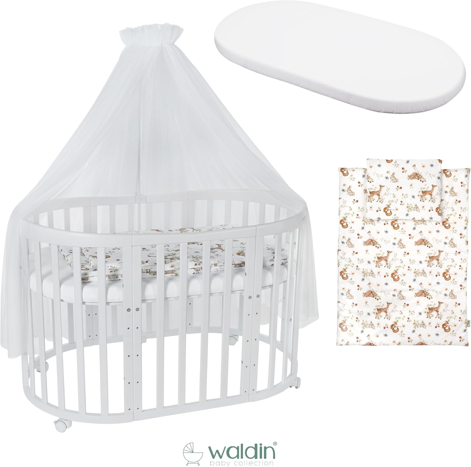 Waldin Oval Baby-Bett Mitwachsend Komplett Set 7in1, Gitterbett, Kinderbett mit Matratze, Wickelkommode, Beistellbett, Holz Weiß