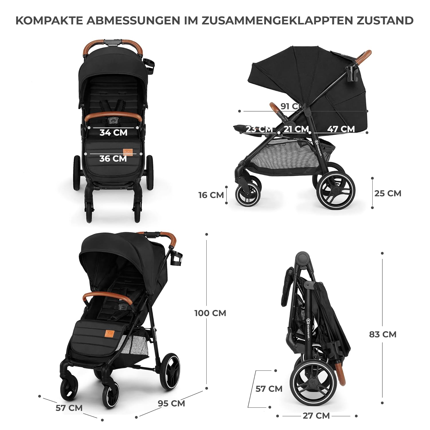 Kinderkraft GRANDE PLUS Kinderkraft buggy von Geburt bis 22 kg, Zusammenklappen mit einer Hand, Liegeposition, großes Verdeck mit Fenster, alle 4 Räder gedämpft, geräumige Sitz, Grau