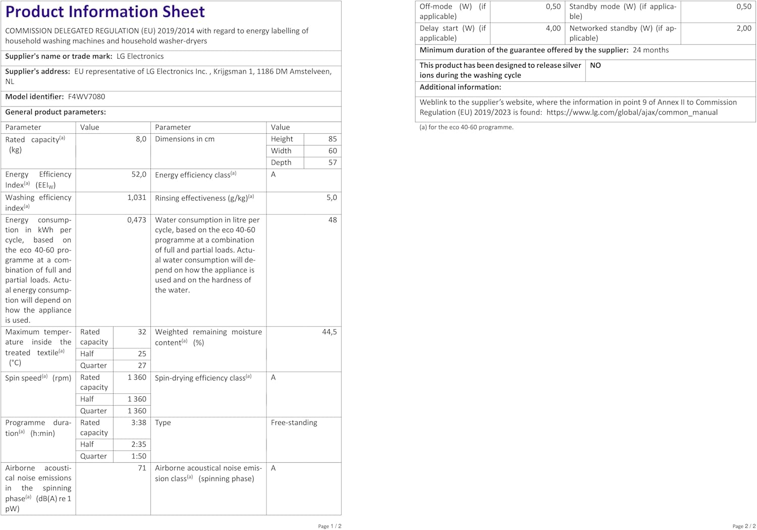 LG F4WV7080, Klasse A, Frontlader-Waschmaschine 8 kg, 1400 U/Min, AI Direct Drive, Wi-Fi, Tiefenreinigung mit Dampf, Groe Kapazitt, TRIPLE A, Auentür aus Sicherheitsglas, 62 x 60 x 85 cm Wei