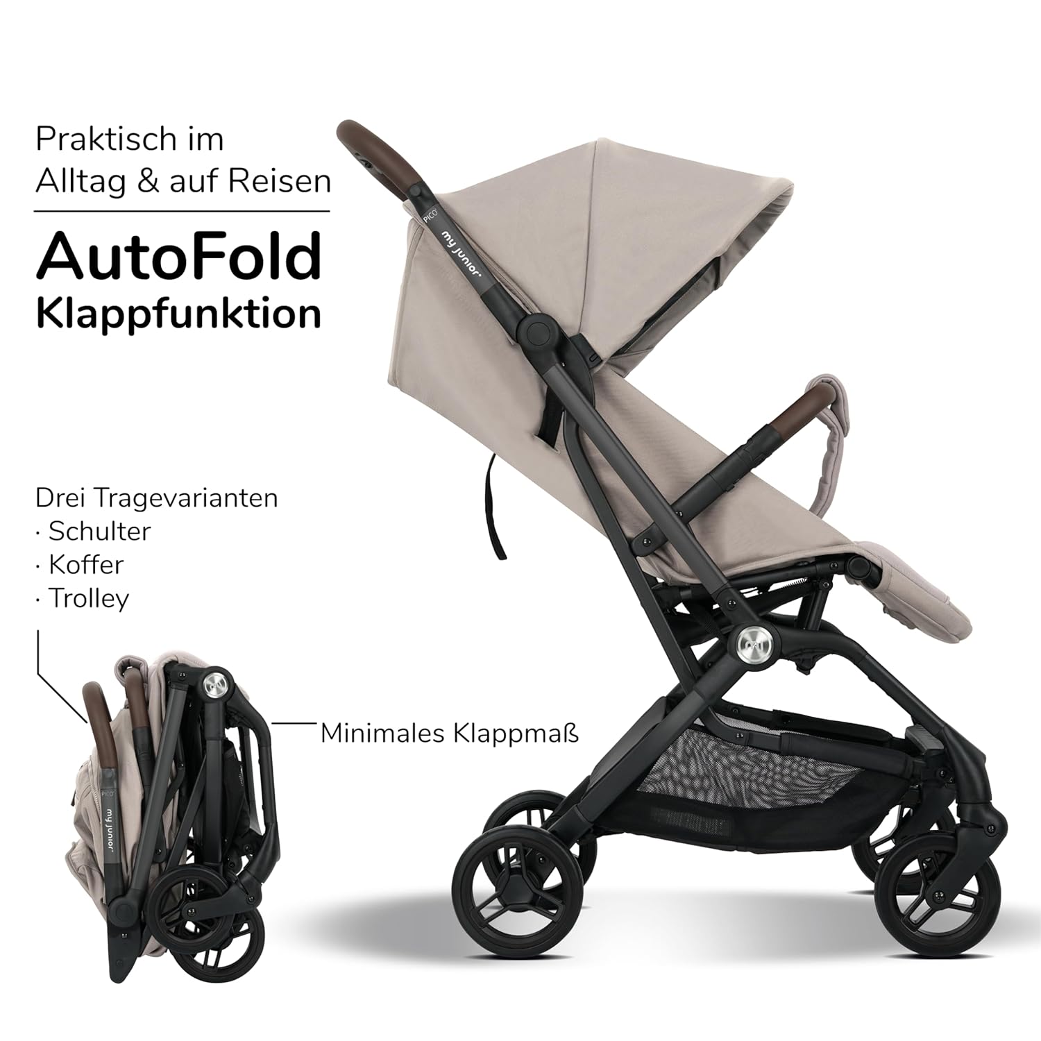 my junior Buggy PICO³ | bis 22kg | Einhand AutoFold-Klappmechanismus | Ergonomische Liegeposition nach IGR e.V. | großes Sonnenverdeck UV50+ | Handgepäckmaß | 2 Belüftungsfenster Hazel - Black
