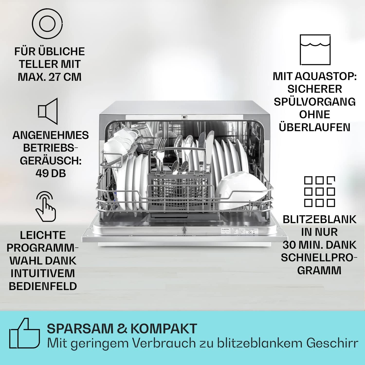 Klarstein ia 8 - Spülmaschine, Geschirrspüler, Freistehend, Teilintegriert, F, 55 cm breit, 8 Maßgedecke, 6 Programme, Aquastop, silber