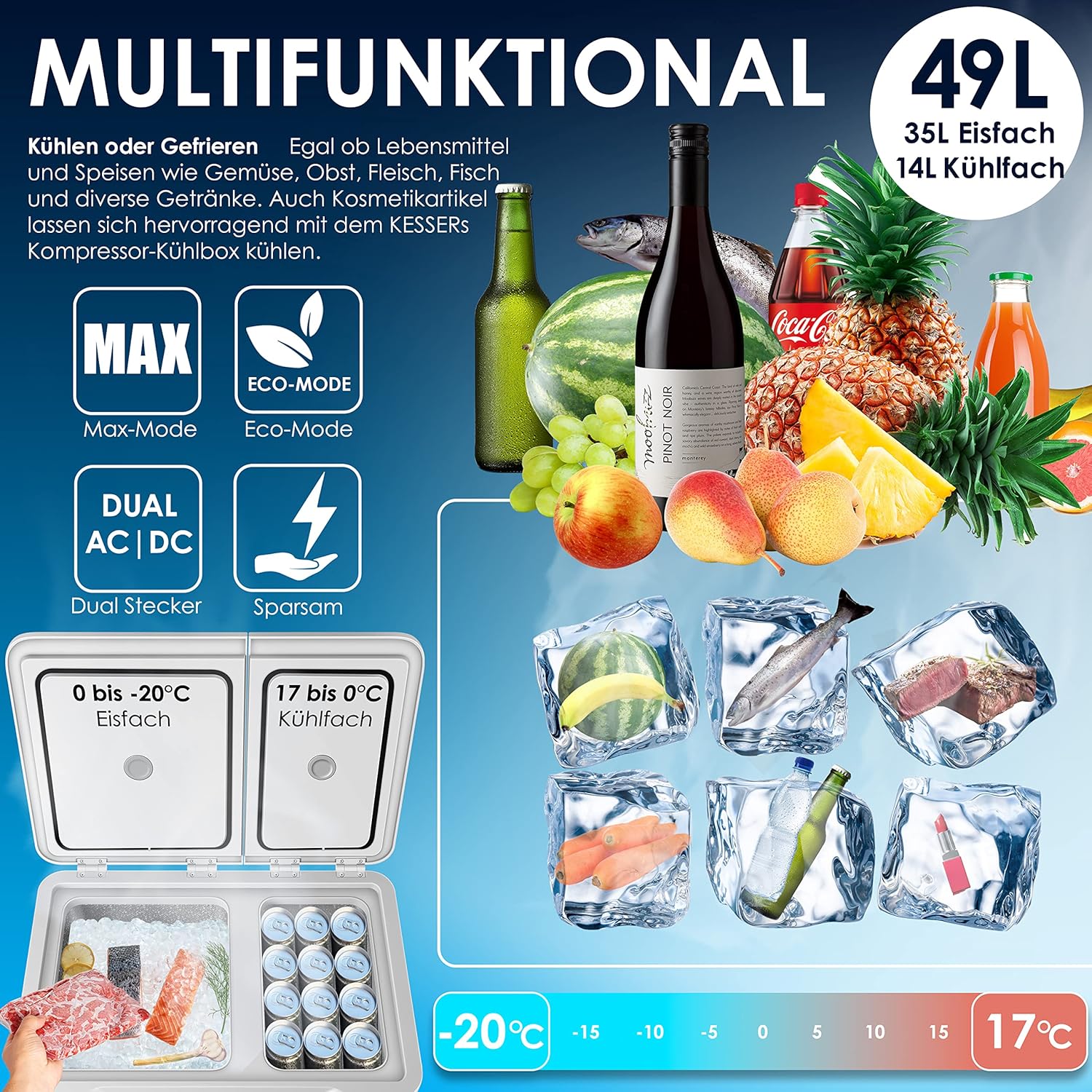 KESSER Kompressor Kühlbox 2in1 Doppelzone Kühl & Gefrierfach elektrische Gefrierbox mit 2x Kühlakkus & LED-Touch-Bedienung | Kühlschrank Kühlung bis -20 °C für Camping, Auto, Lkw 12/24V 230V