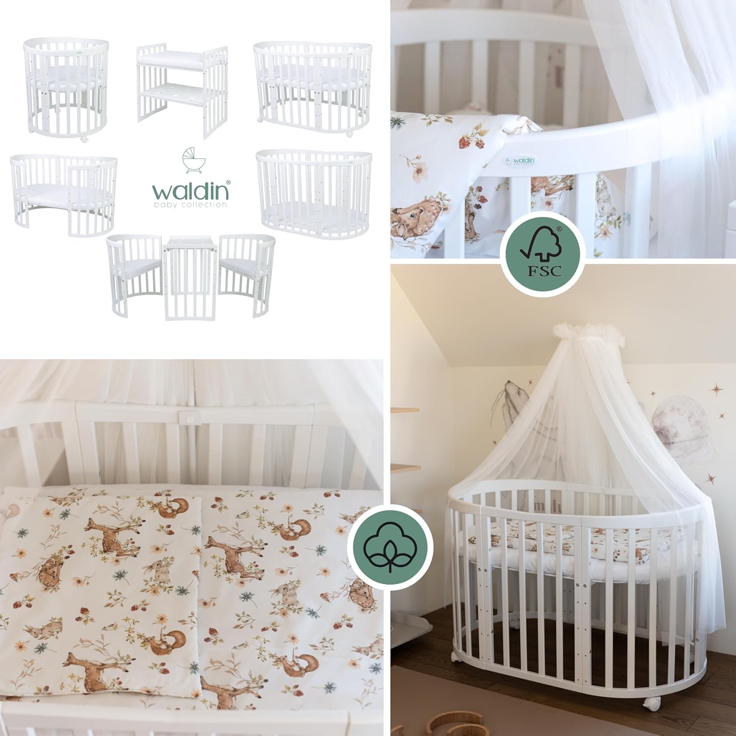 Waldin Oval Baby-Bett Mitwachsend Komplett Set 7in1, Gitterbett, Kinderbett mit Matratze, Wickelkommode, Beistellbett, Holz Weiß