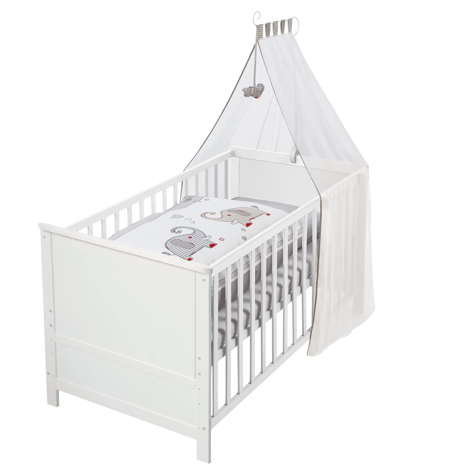 roba Babybett Set Adam & Eule - 70 x 140 cm - Mitwachsendes Kinderbett mit Bettwäsche, Himmel, Matratze - Höhenverstellbar - zu Juniorbett umbaubar - Holz weiß