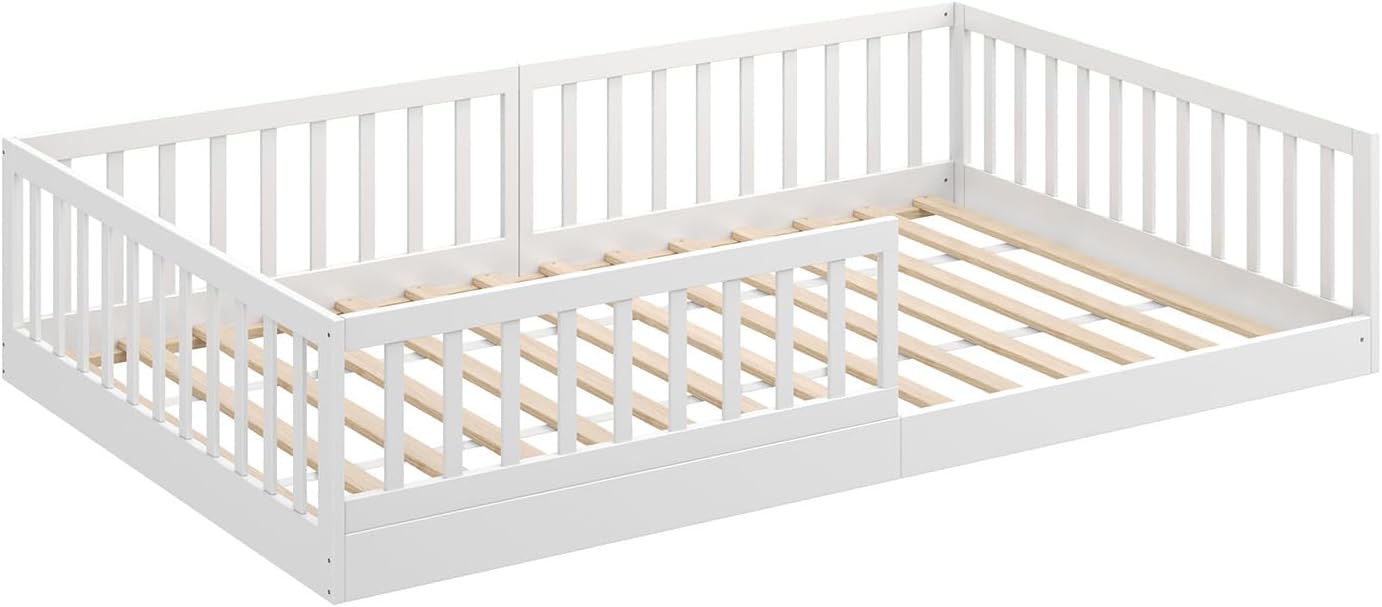 CADANI Timi 2in1 Bodenbett 140x200 cm Montessori Kinderbett mit abnehmbaren Rausfallschutz inkl. Lattenrost, Kiefer Massivholz, weiß - 3 Aufbauvarianten, bis 200 kg belastbar, umbaubar