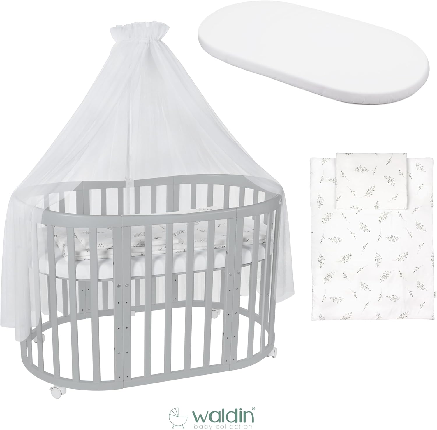 Waldin Oval Baby-Bett Mitwachsend Komplett Set 7in1, Gitterbett, Kinderbett mit Matratze, Wickelkommode, Beistellbett, Holz Weiß