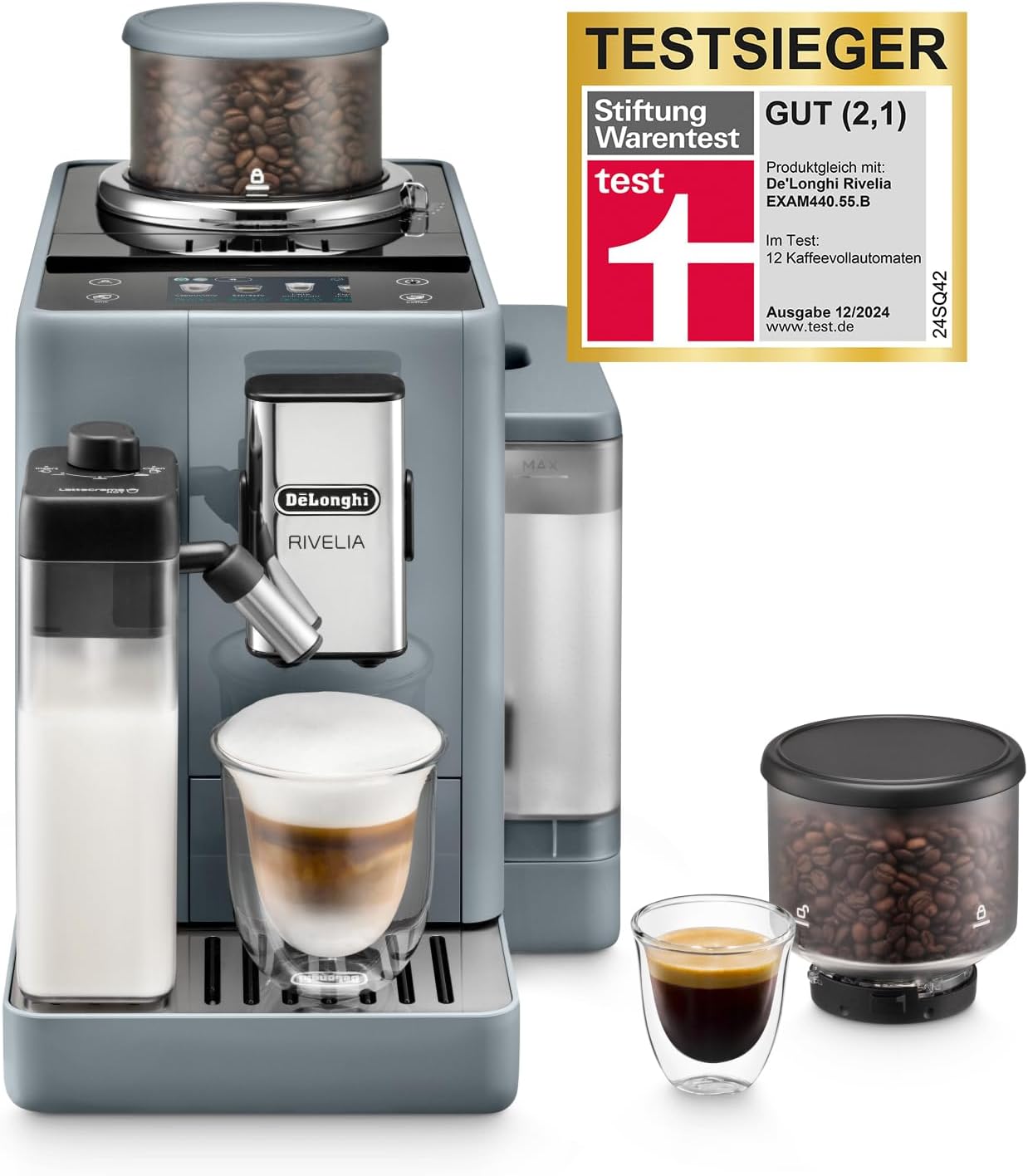 De'Longhi Rivelia EXAM440.55.W Kaffeevollautomat mit LatteCrema Milchsystem, Wechselbarer Bohnenbehälter, 16 Kaffee- & Milchgetränke auf Knopfdruck, Extra-Shot-Funktion, 3,5 Touch-Display, Weiß