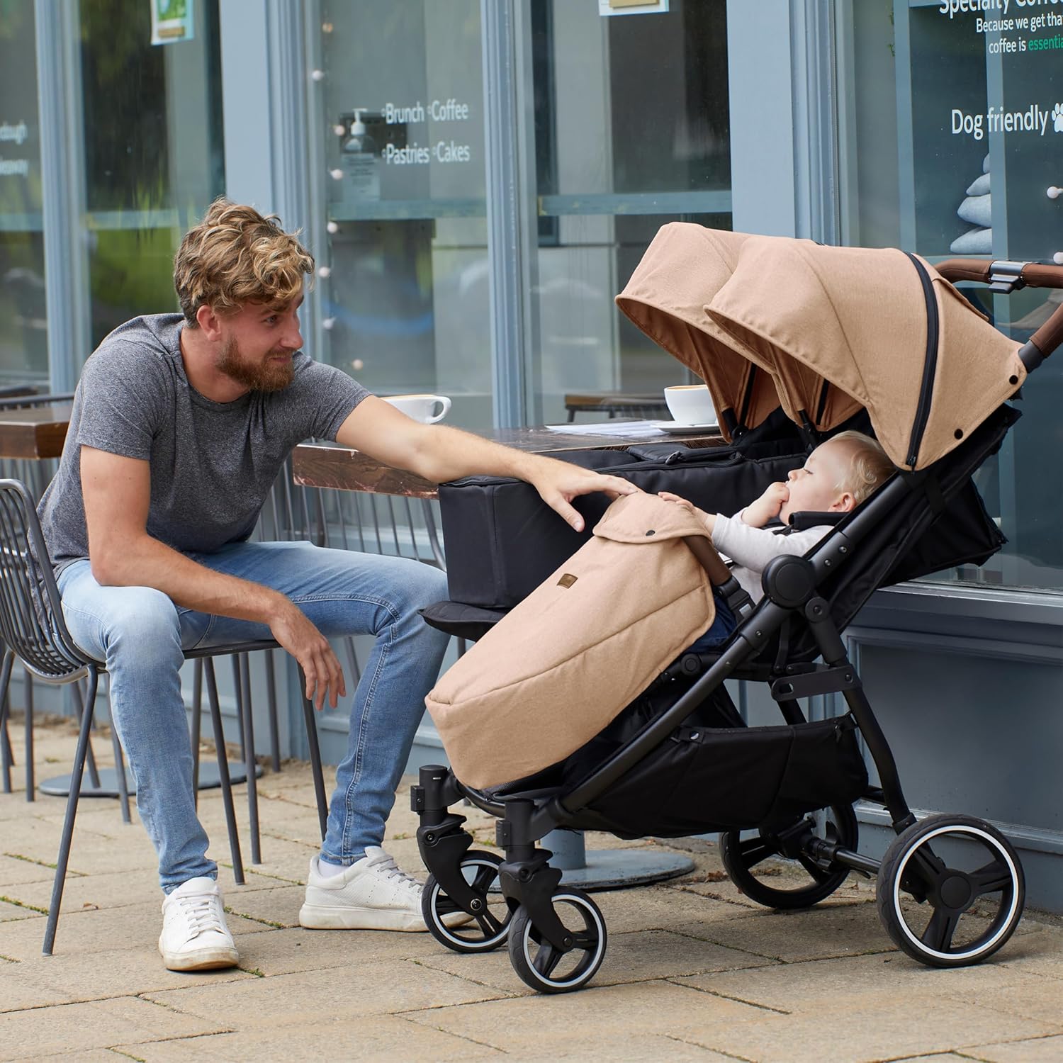 Venus Max Doppel kinderwagen - geeignet von Geburt bis 15 kg (ca. 3 Jahre), kompakter, leichter, faltbarer Zwillingskinderwagen, inklusive Regenschutz und Fußwärmer (Biscuit)