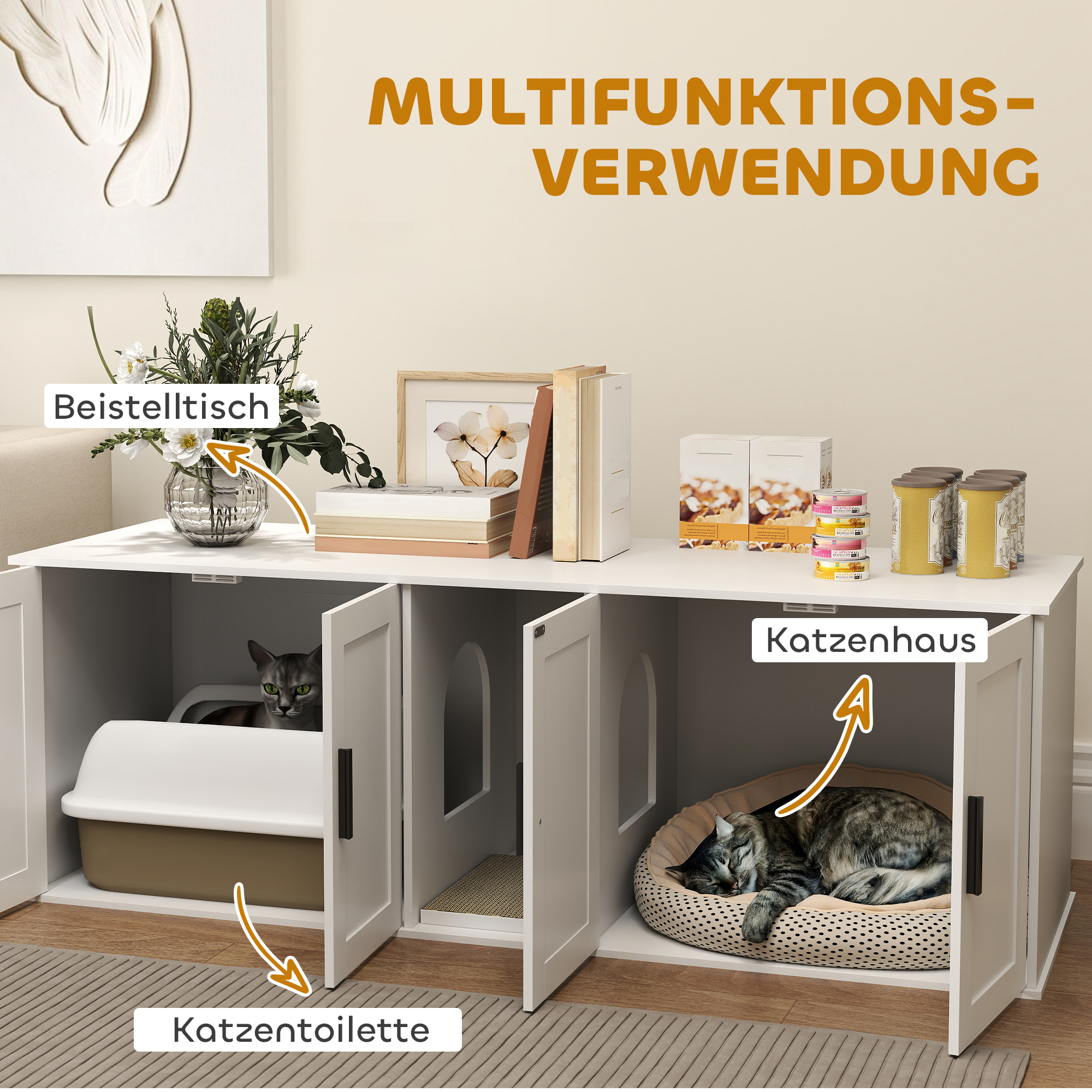PawHut Katzenklo-Schrank Katzenhaus mit Tür Trennwand Katzentoilette für große Katzen 145 x 49 x 51 cm Weiß