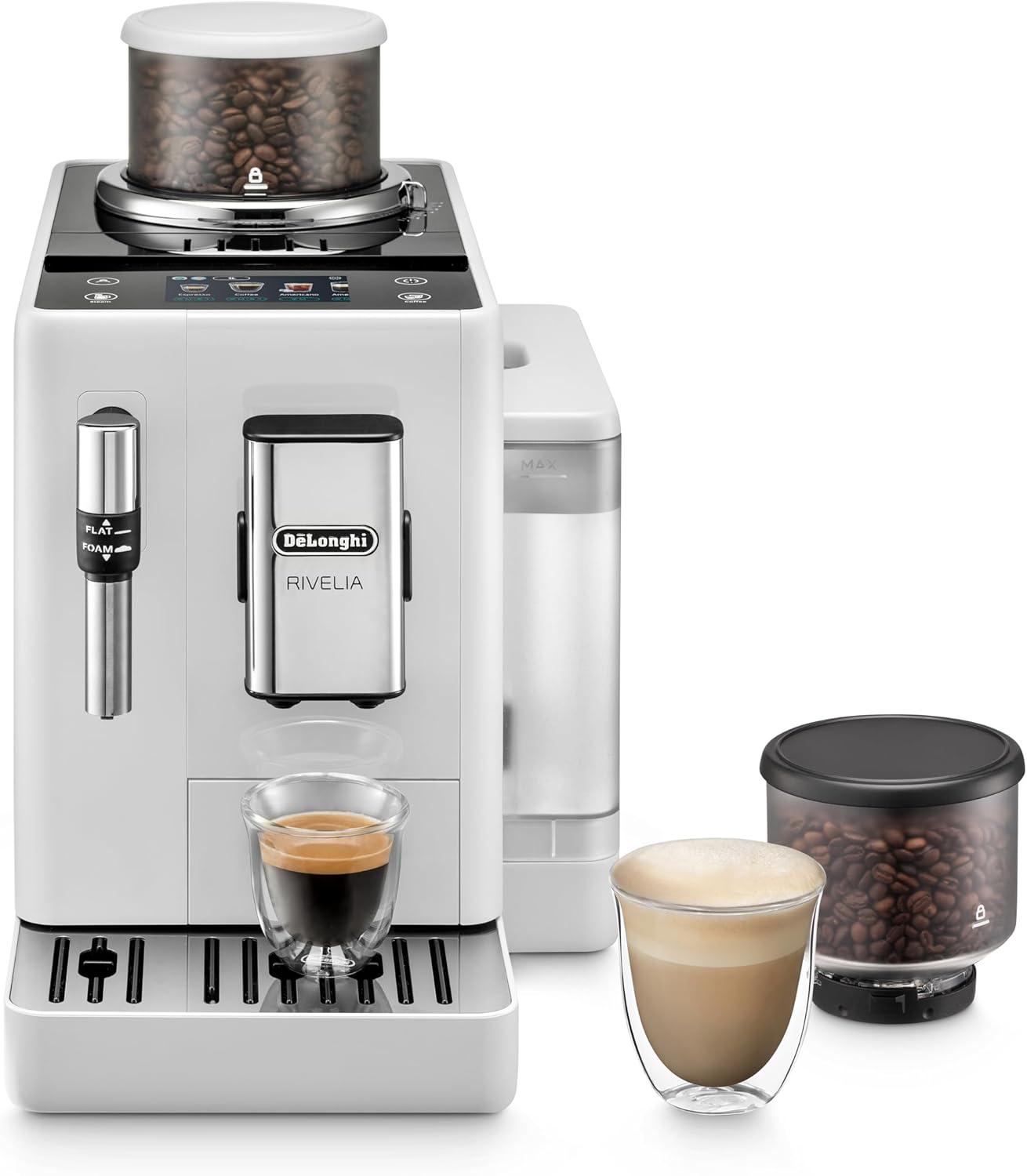 De'Longhi Rivelia EXAM440.55.W Kaffeevollautomat mit LatteCrema Milchsystem, Wechselbarer Bohnenbehälter, 16 Kaffee- & Milchgetränke auf Knopfdruck, Extra-Shot-Funktion, 3,5 Touch-Display, Weiß