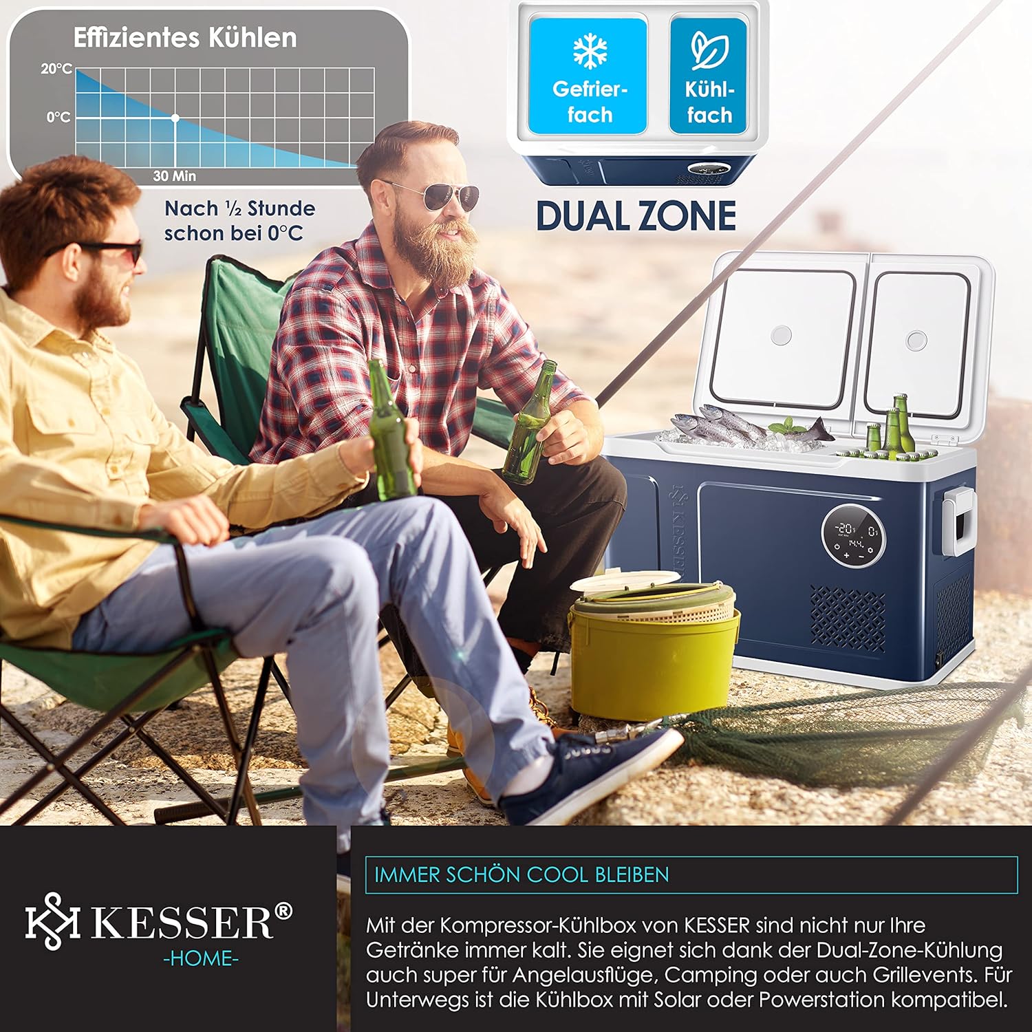 KESSER Kompressor Kühlbox 2in1 Doppelzone Kühl & Gefrierfach elektrische Gefrierbox mit 2x Kühlakkus & LED-Touch-Bedienung | Kühlschrank Kühlung bis -20 °C für Camping, Auto, Lkw 12/24V 230V