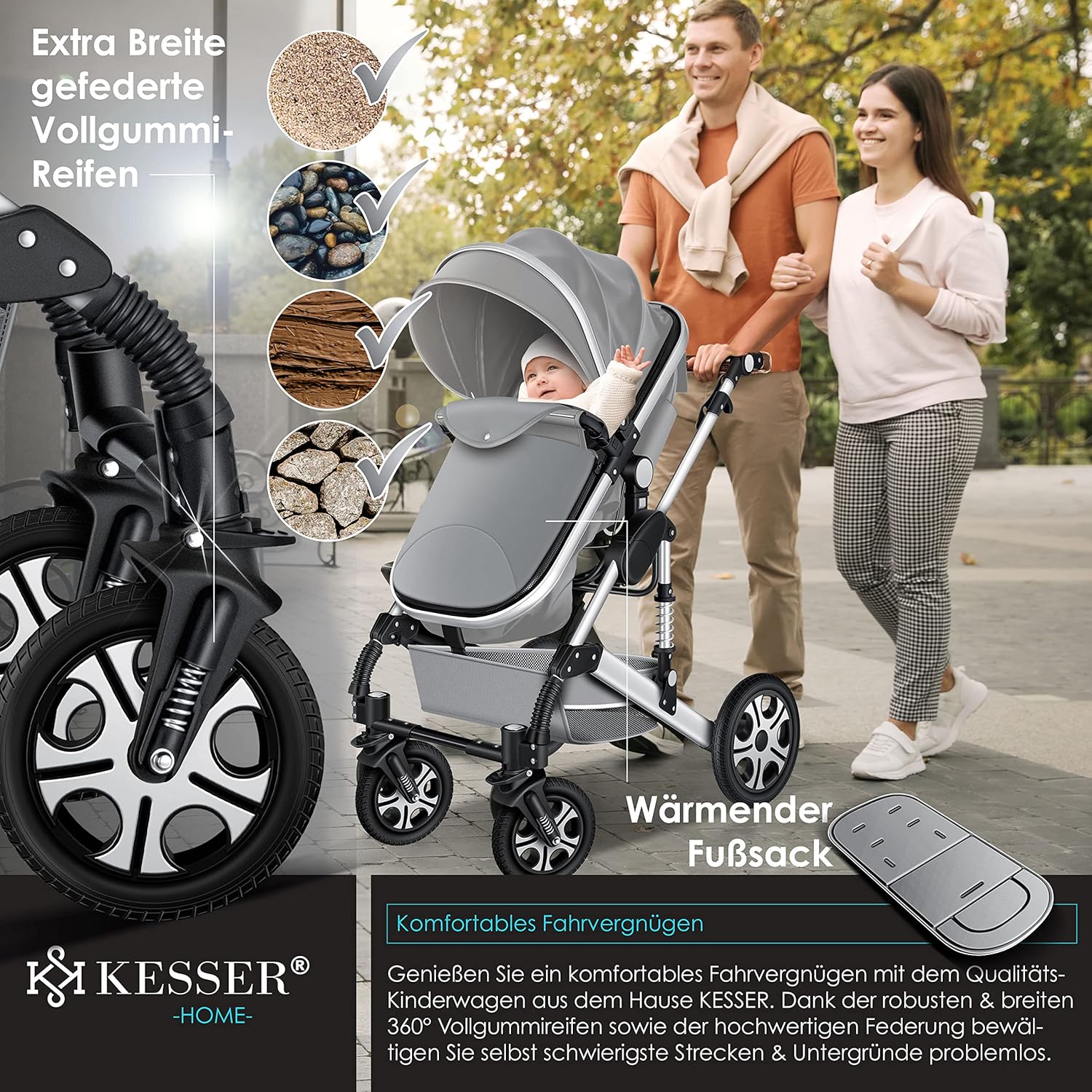 KESSER Loops 3 in 1 Kinderwagen Kombikinderwagen Komplett-Set inkl. Babywanne & Buggy Sportsitz & Auto-Babyschale Voll-Gummireifen Wickeltasche Regenschutz Kindertisch ECE R129, Schwarz/Champagne