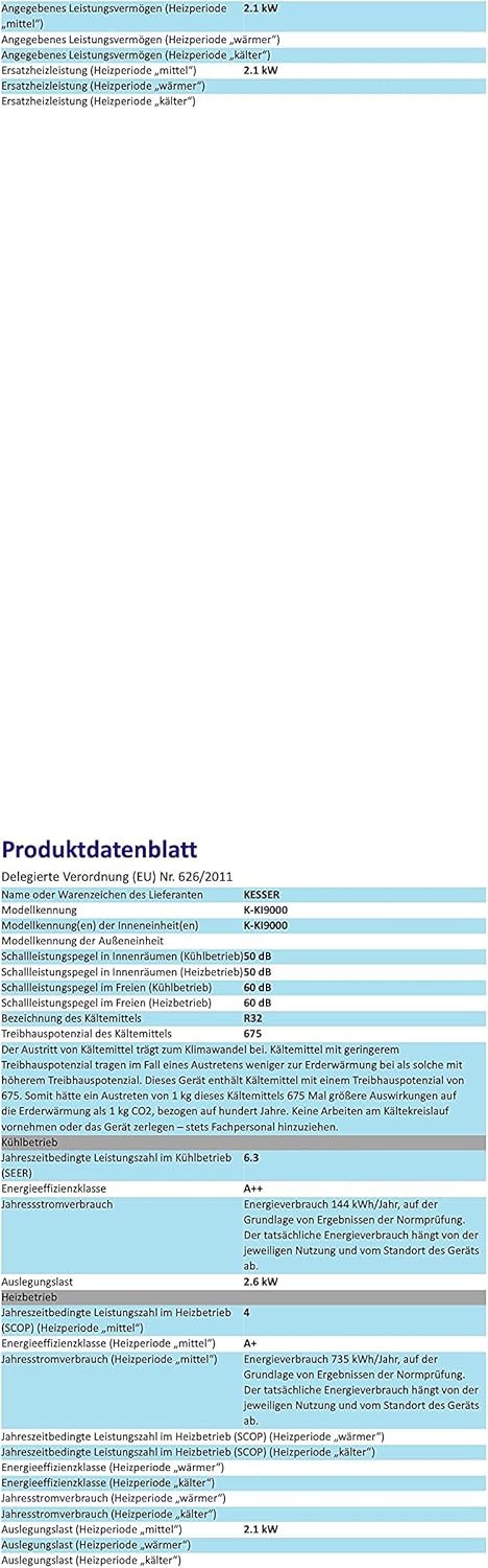 KESSER Klimaanlage Set Split - mit WiFi/App Funktion Klimagerät - Kühlen A++/ Heizen A+ - 9000 BTU/h (2.600 Watt) Kältemittel R32 - Fernbedienung, Timerfunktion - Inkl. komplettem Montagematerial