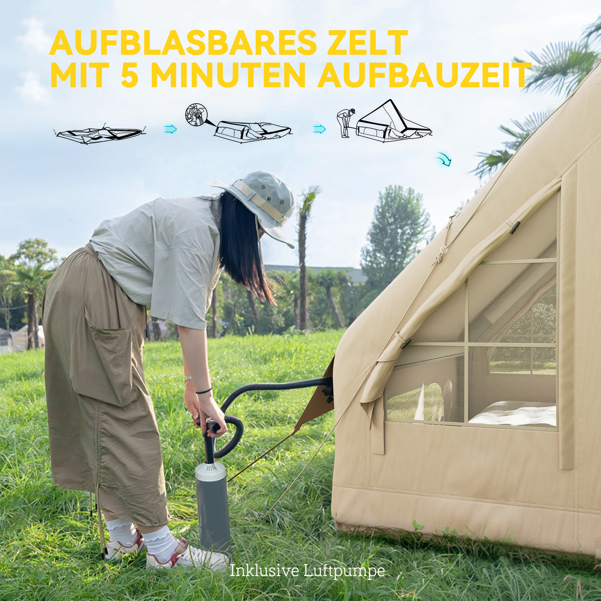 Outsunny Aufblasbares Campingzelt, Schlafzelt, Oxford-Gewebe, Netzfenster, wasserfest