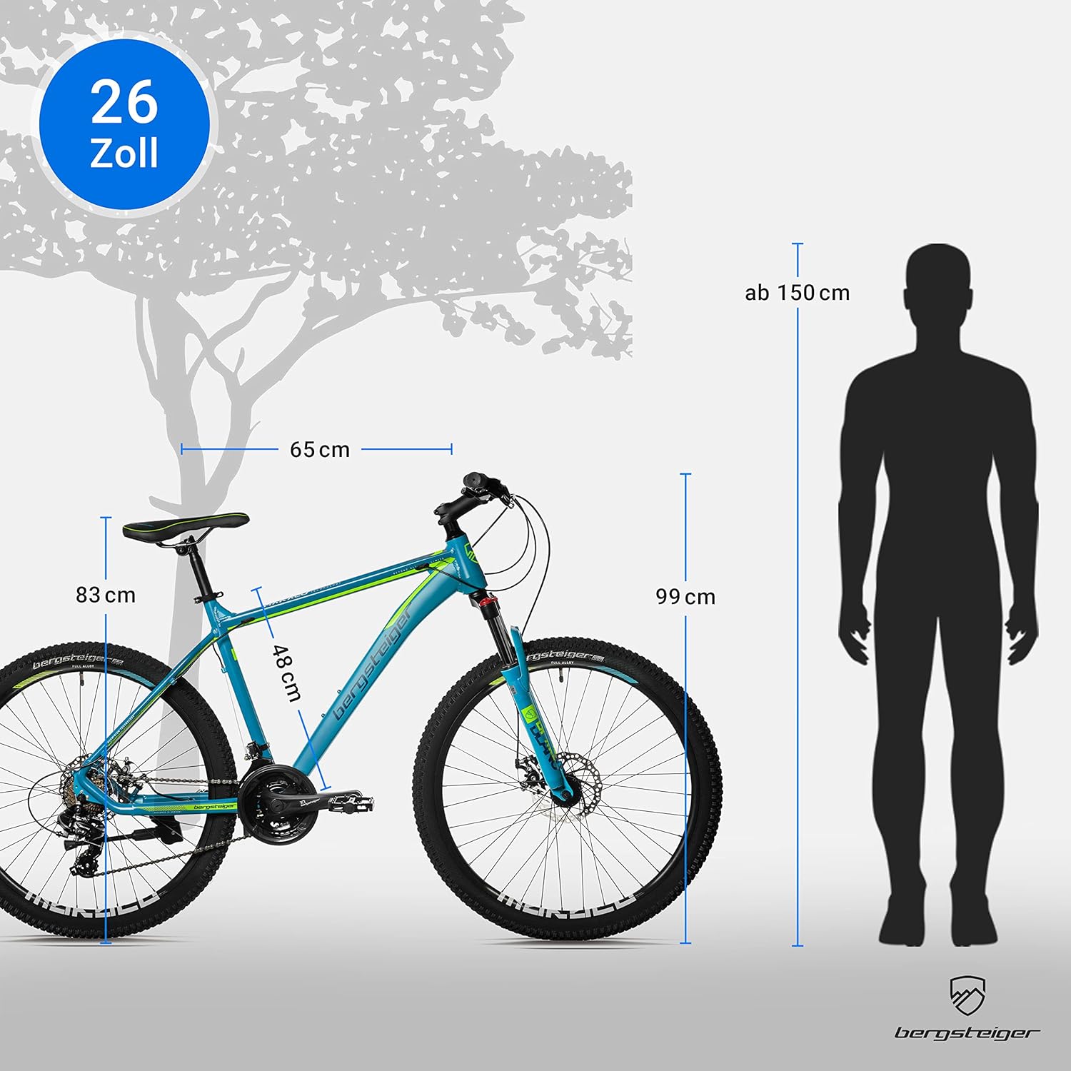 Bergsteiger Makalu 26 Zoll Mountainbike Aluminium, geeignet ab 150 cm, Scheibenbremse, Shimano 21 Gang-Schaltung, Hardtail, Jungen-Fahrrad & Herren-Fahrrad